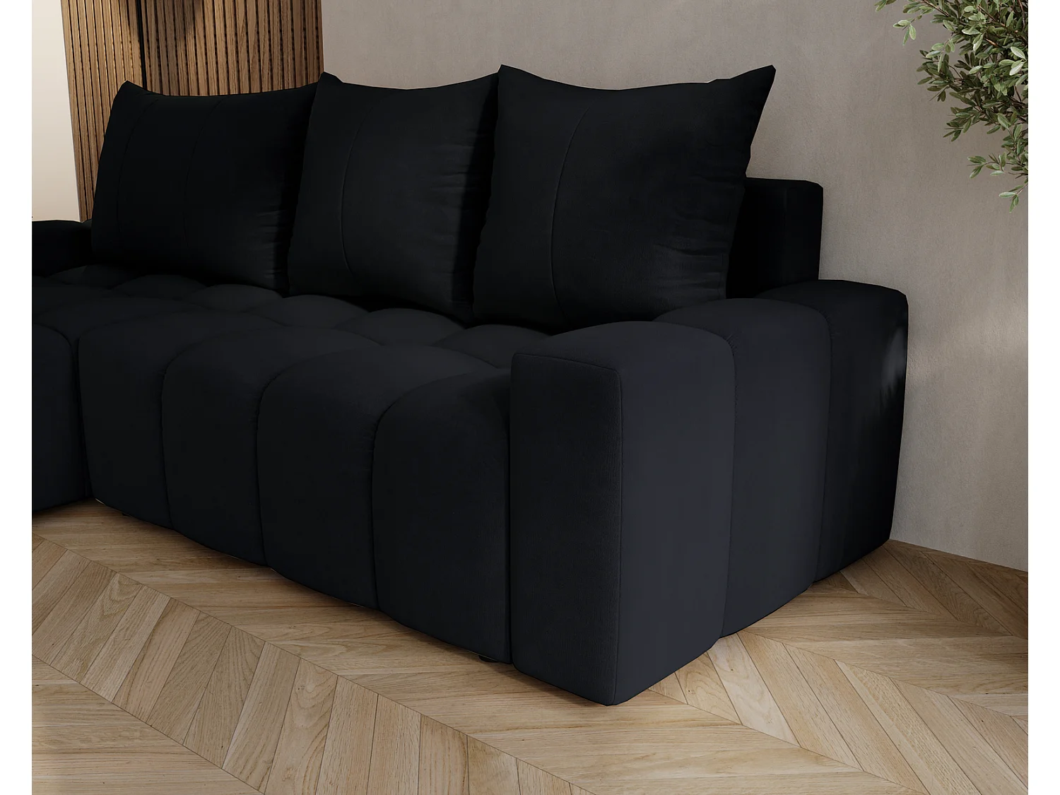 Canapé d'angle convertible Wilson, 255 cm, tissu velours, gauche, noir