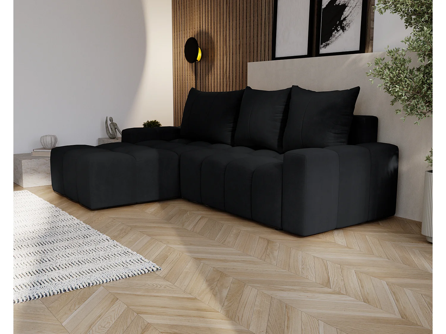 Canapé d'angle convertible Wilson, 255 cm, tissu velours, gauche, noir