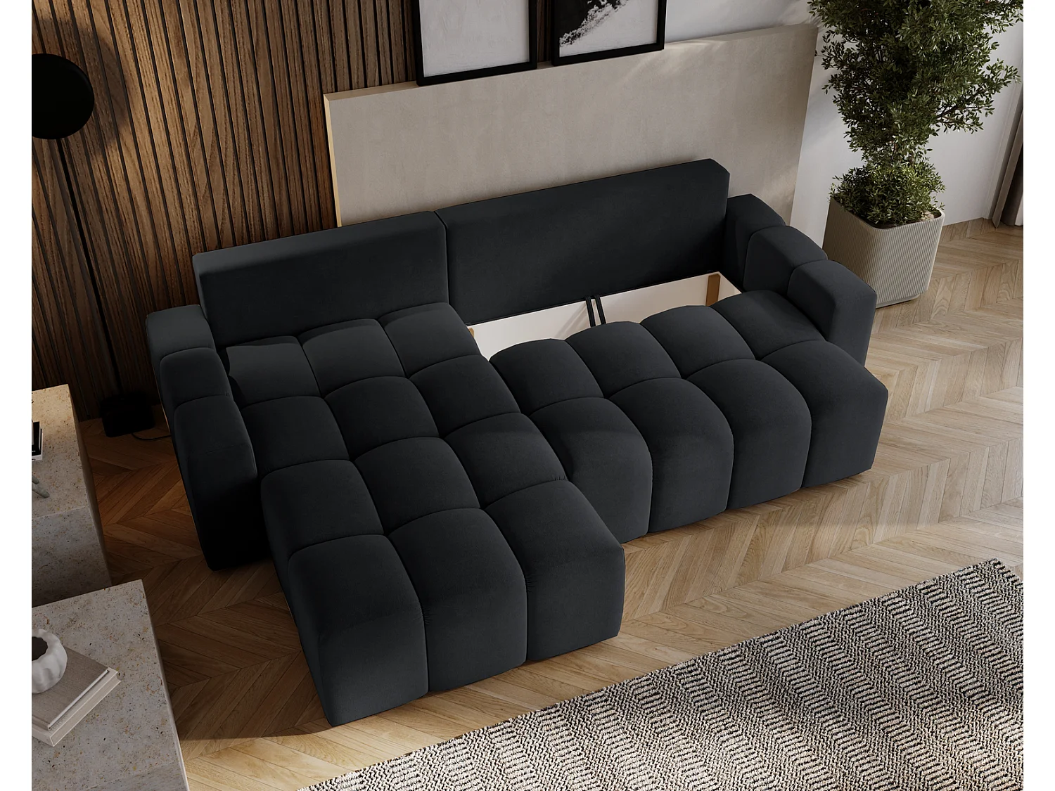 Canapé d'angle convertible Wilson, 255 cm, tissu velours, gauche, noir