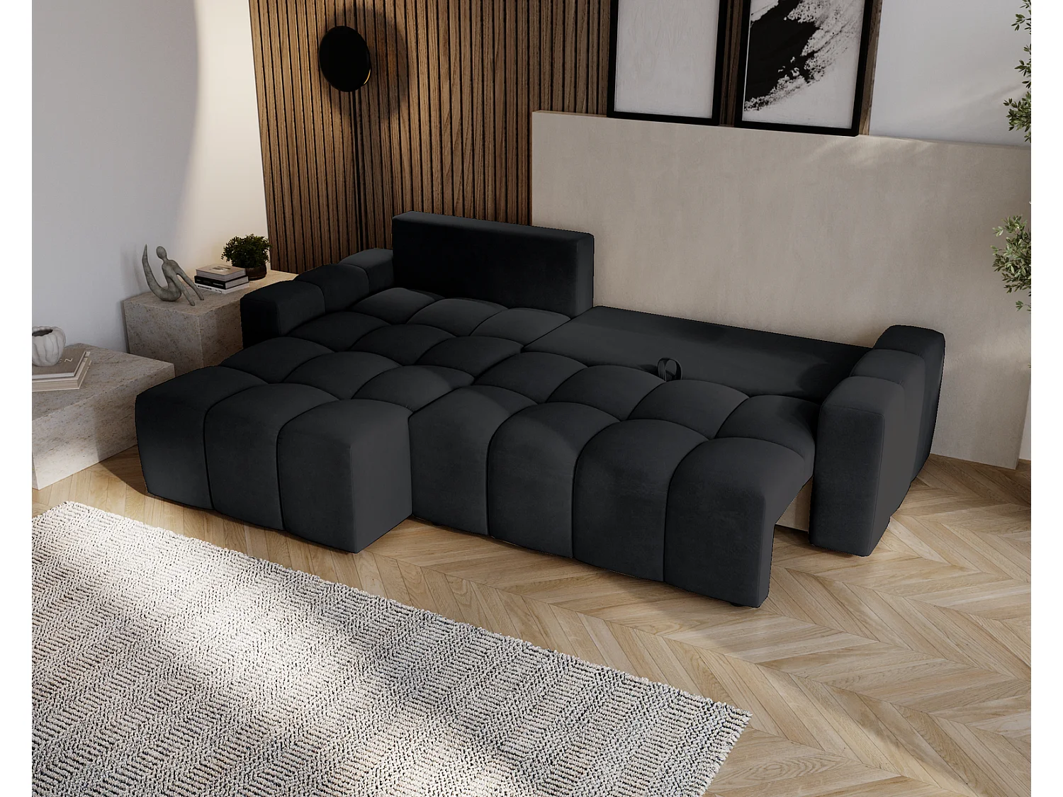 Canapé d'angle convertible Wilson, 255 cm, tissu velours, gauche, noir