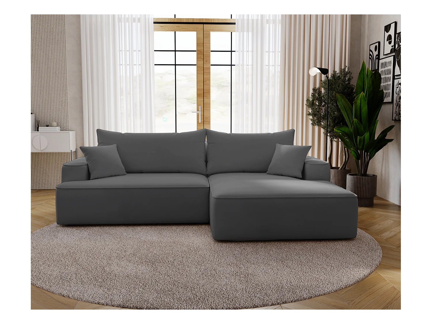 Emporius Dallas Canapé d'angle 270 cm, Convertible, Tissu Velours - Droite, Gris (Komodo 21)