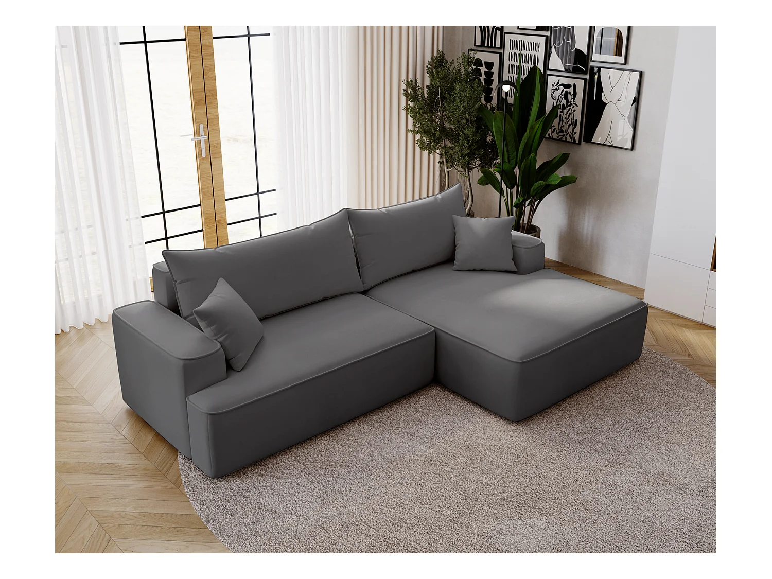 Emporius Dallas Canapé d'angle 270 cm, Convertible, Tissu Velours - Droite, Gris (Komodo 21)