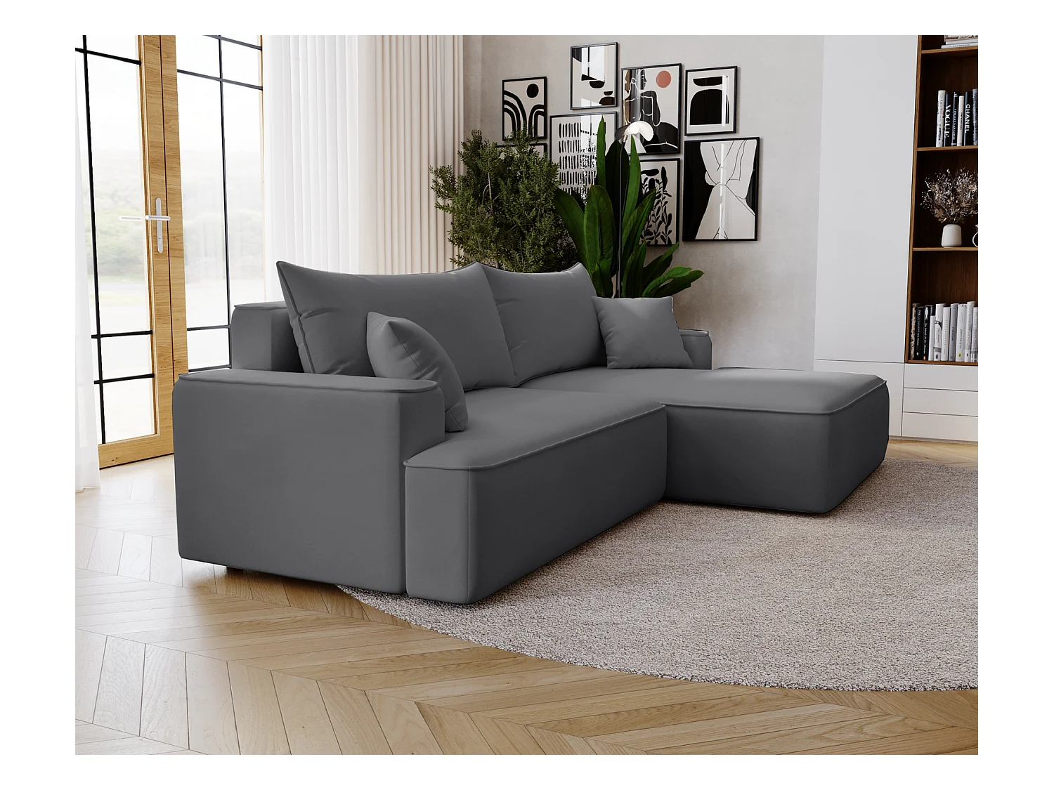 Emporius Dallas Canapé d'angle 270 cm, Convertible, Tissu Velours - Droite, Gris (Komodo 21)