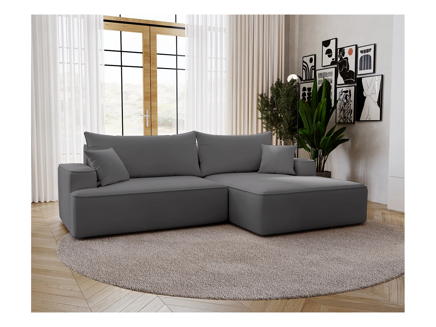 Emporius Dallas Canapé d'angle 270 cm, Convertible, Tissu Velours - Droite, Gris (Komodo 21)
