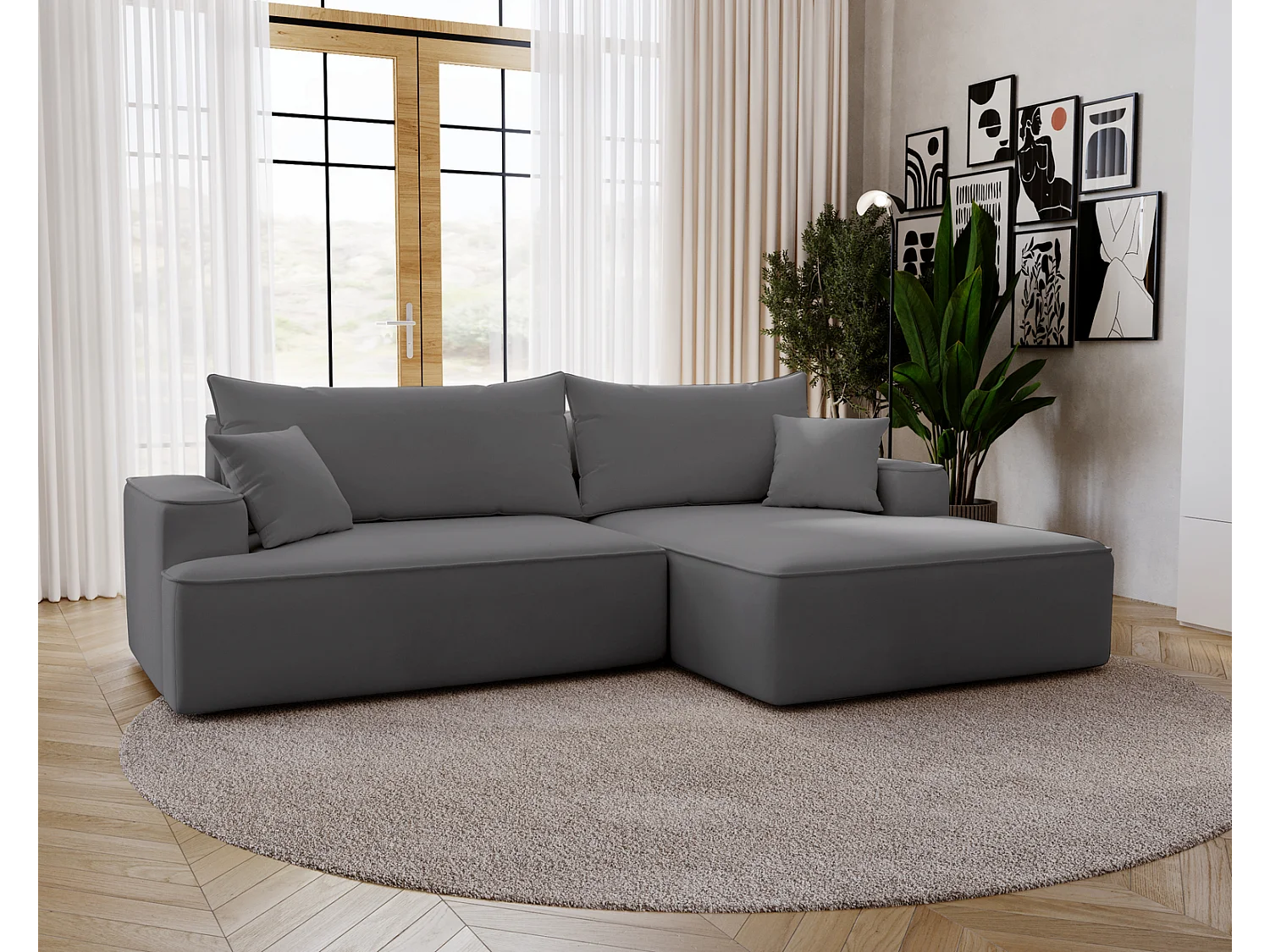 Emporius Dallas Hoekbank L-Vorm - slaapfunctie en bedlade, rechts - Sofa 250 cm, fluweel grijs (Komodo 21)