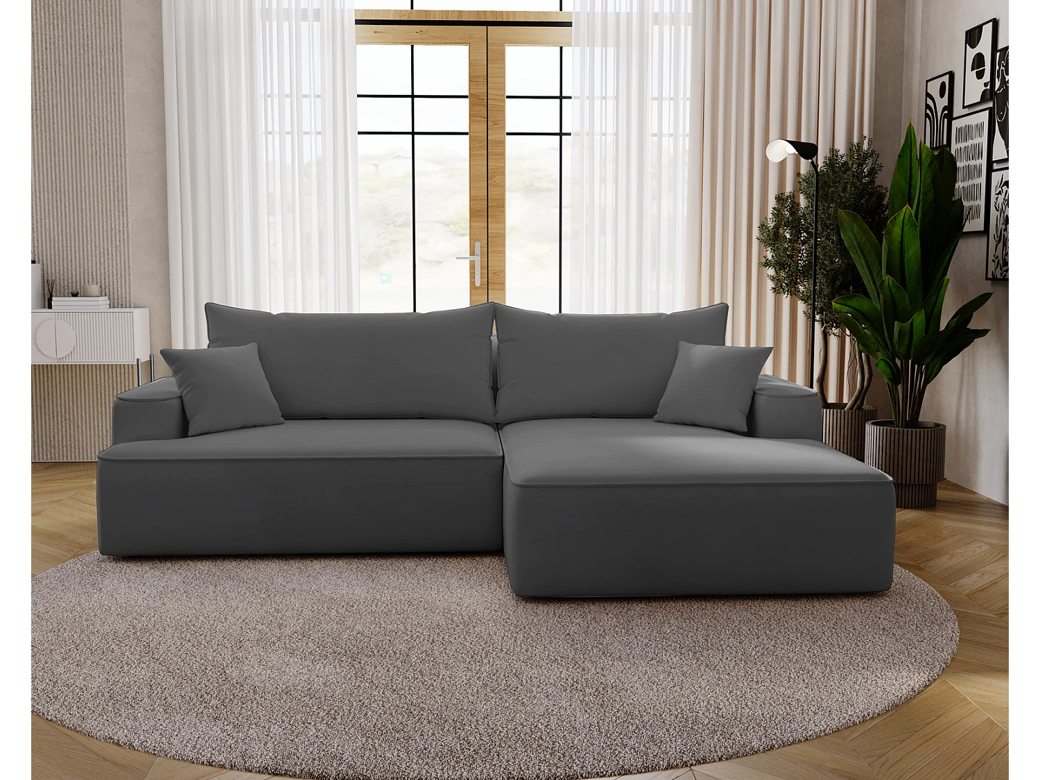 Emporius Dallas Hoekbank L-Vorm - slaapfunctie en bedlade, rechts - Sofa 250 cm, fluweel grijs (Komodo 21)