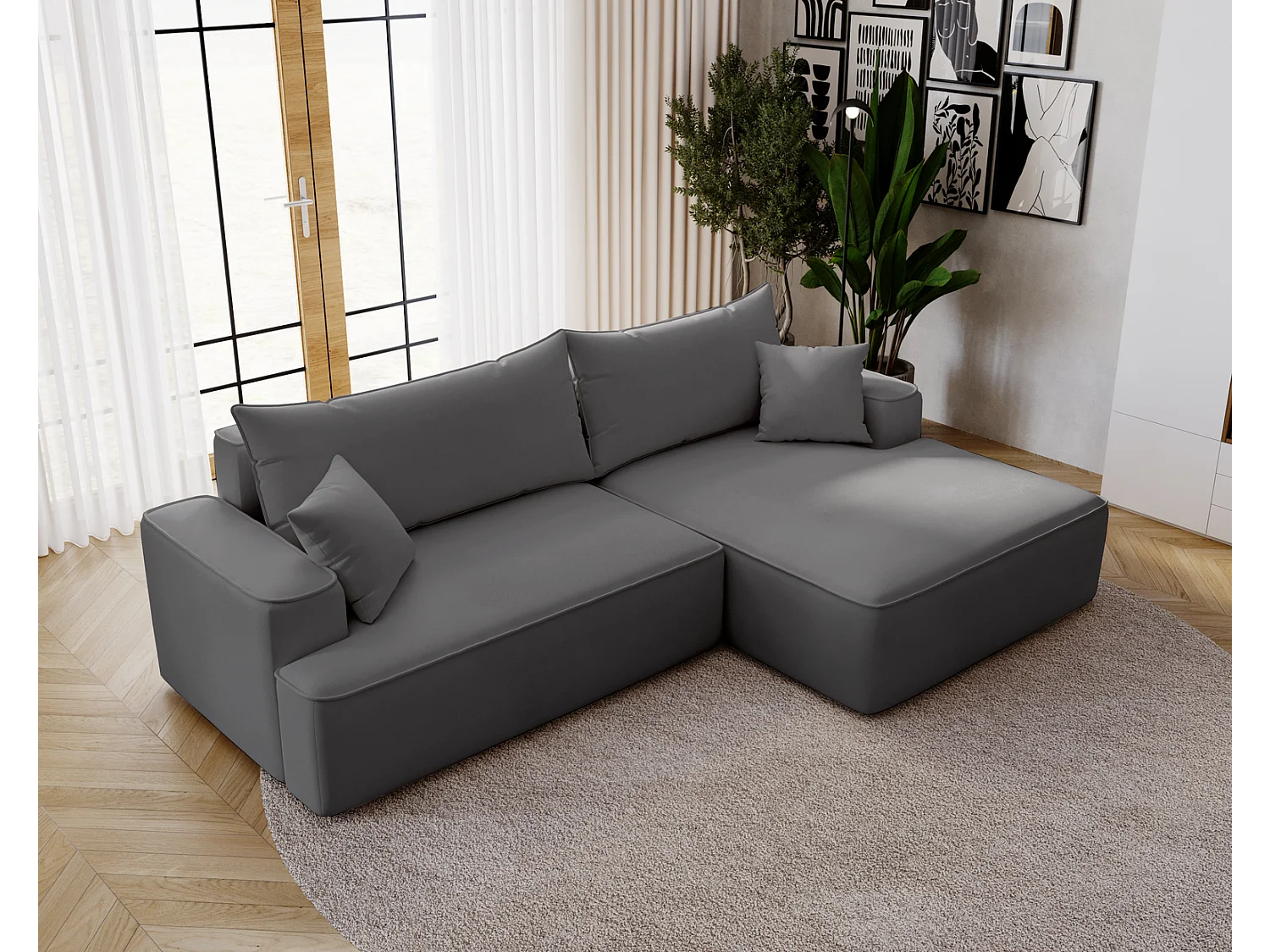 Emporius Dallas Hoekbank L-Vorm - slaapfunctie en bedlade, rechts - Sofa 250 cm, fluweel grijs (Komodo 21)