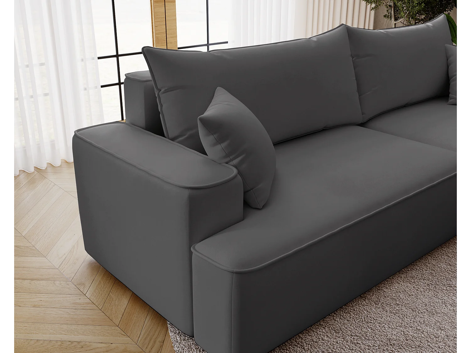 Emporius Dallas Hoekbank L-Vorm - slaapfunctie en bedlade, rechts - Sofa 250 cm, fluweel grijs (Komodo 21)