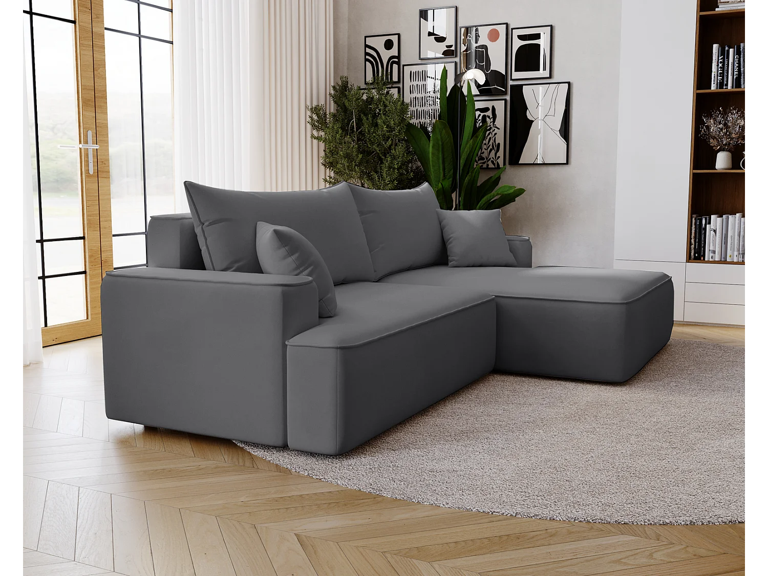 Emporius Dallas Hoekbank L-Vorm - slaapfunctie en bedlade, rechts - Sofa 250 cm, fluweel grijs (Komodo 21)