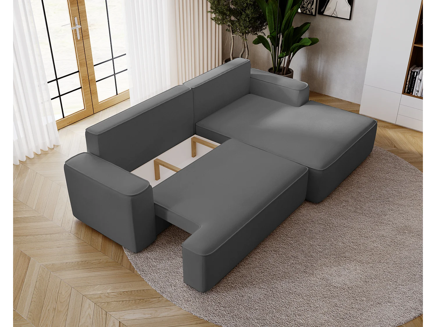 Emporius Dallas Hoekbank L-Vorm - slaapfunctie en bedlade, rechts - Sofa 250 cm, fluweel grijs (Komodo 21)