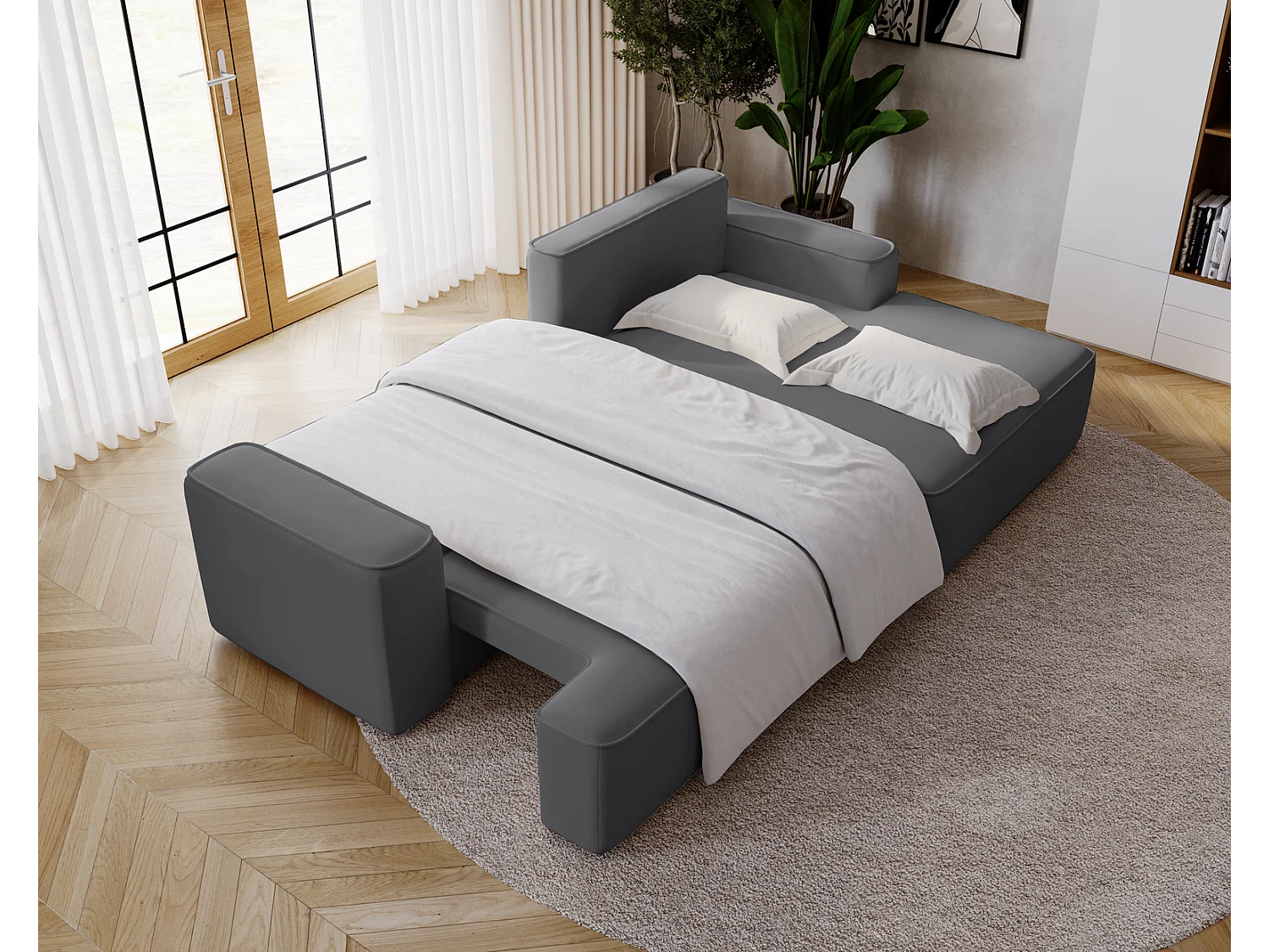 Emporius Dallas Hoekbank L-Vorm - slaapfunctie en bedlade, rechts - Sofa 250 cm, fluweel grijs (Komodo 21)