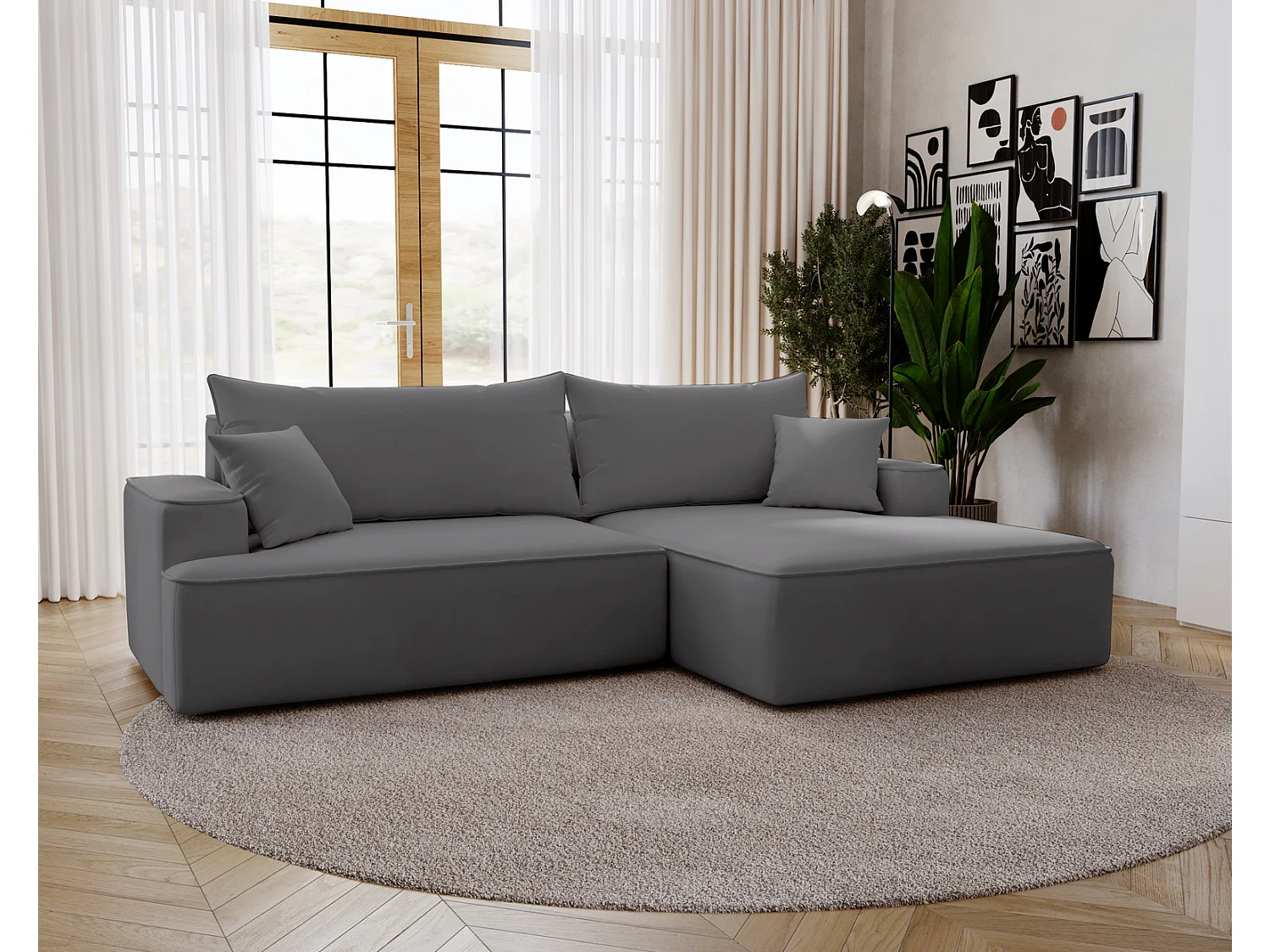 Canapé d'angle convertible Dallas, 270 cm, velours, droit, gris