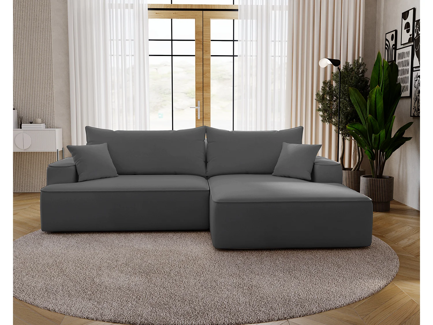 Canapé d'angle convertible Dallas, 270 cm, velours, droit, gris
