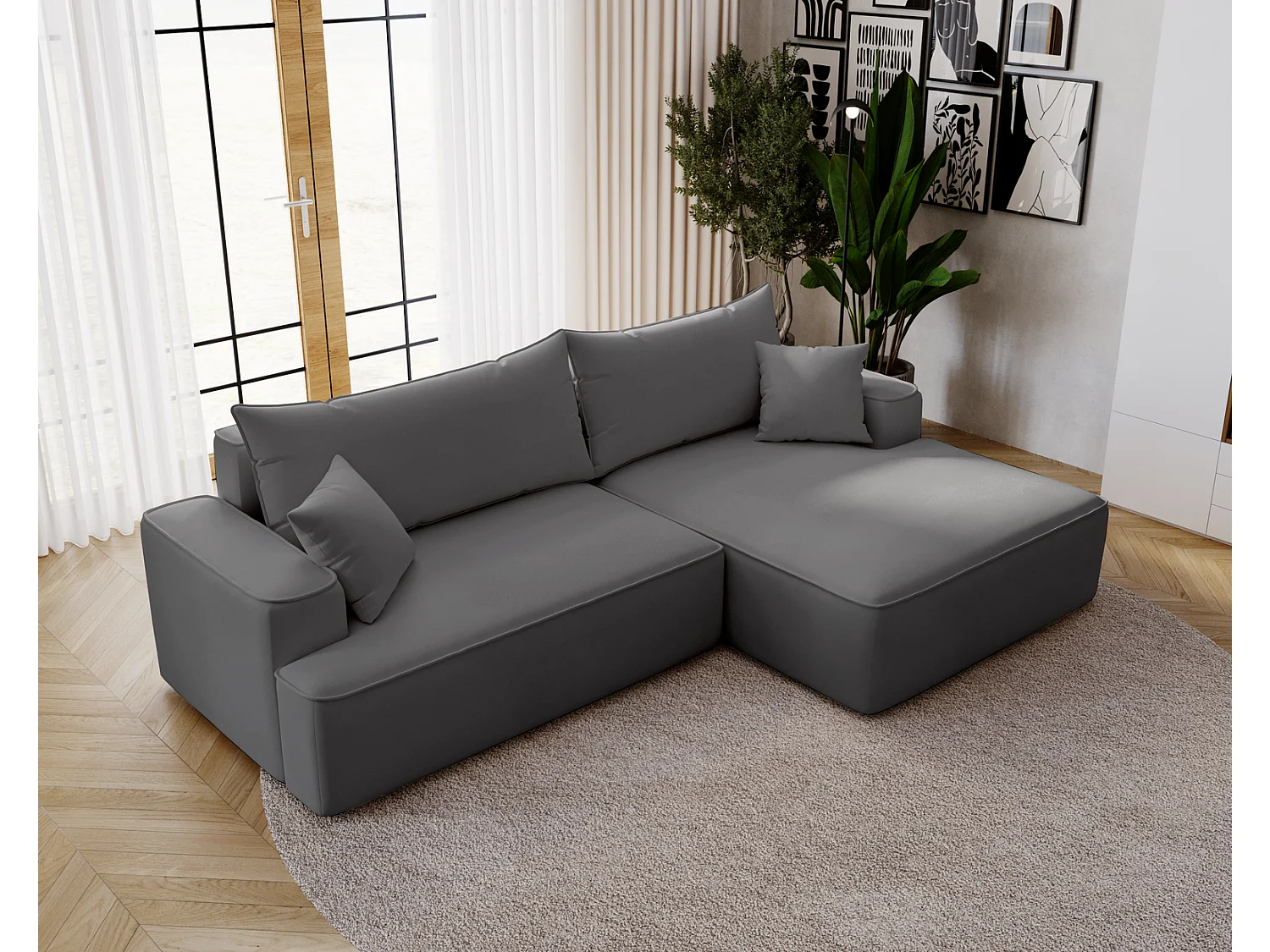 Canapé d'angle convertible Dallas, 270 cm, velours, droit, gris