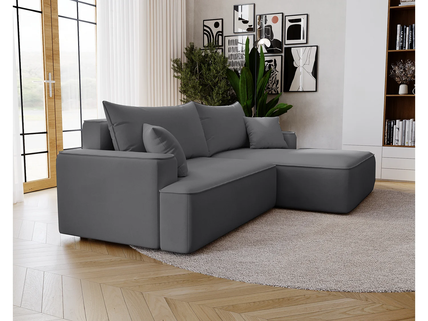 Canapé d'angle convertible Dallas, 270 cm, velours, droit, gris
