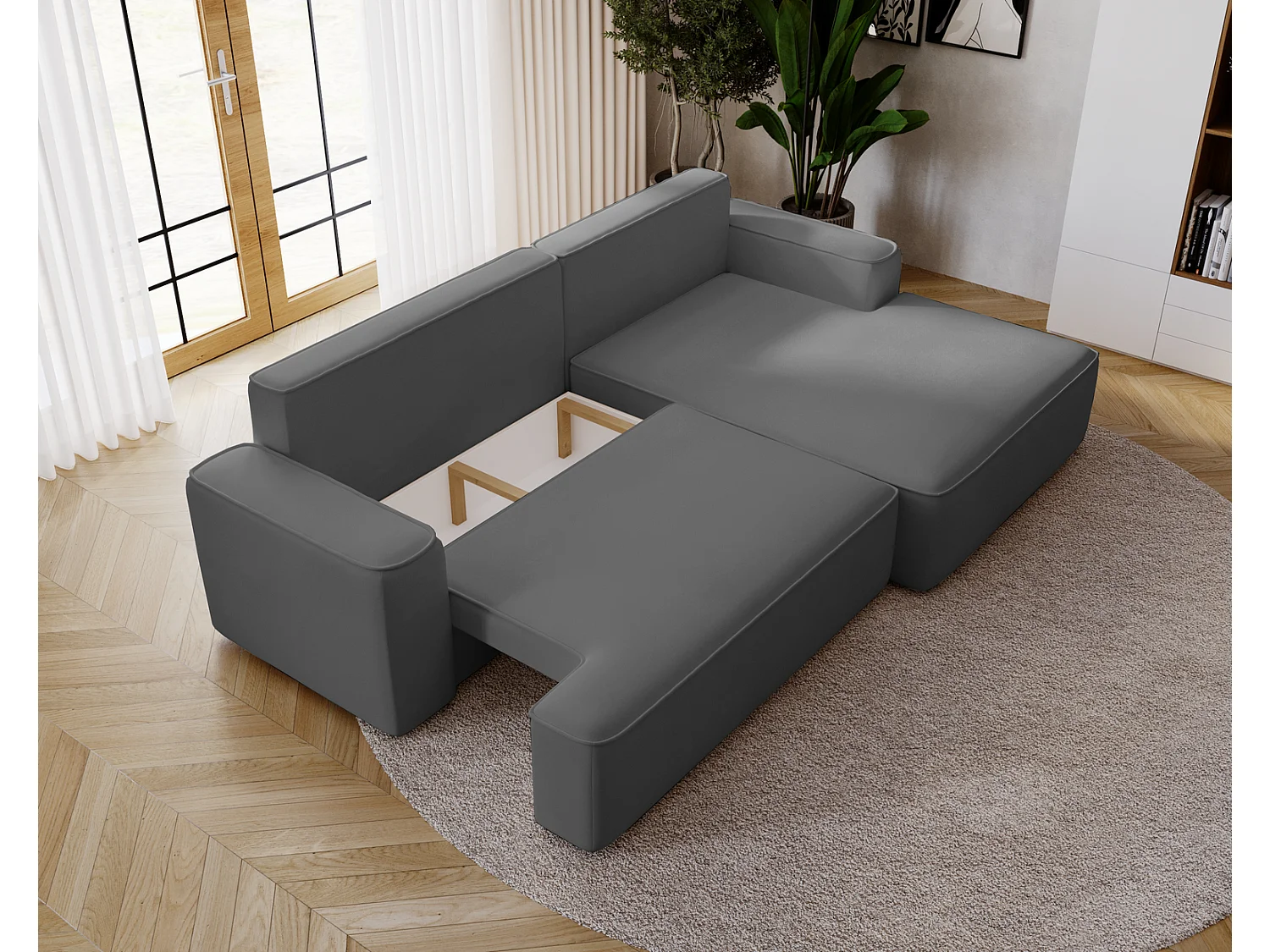 Canapé d'angle convertible Dallas, 270 cm, velours, droit, gris