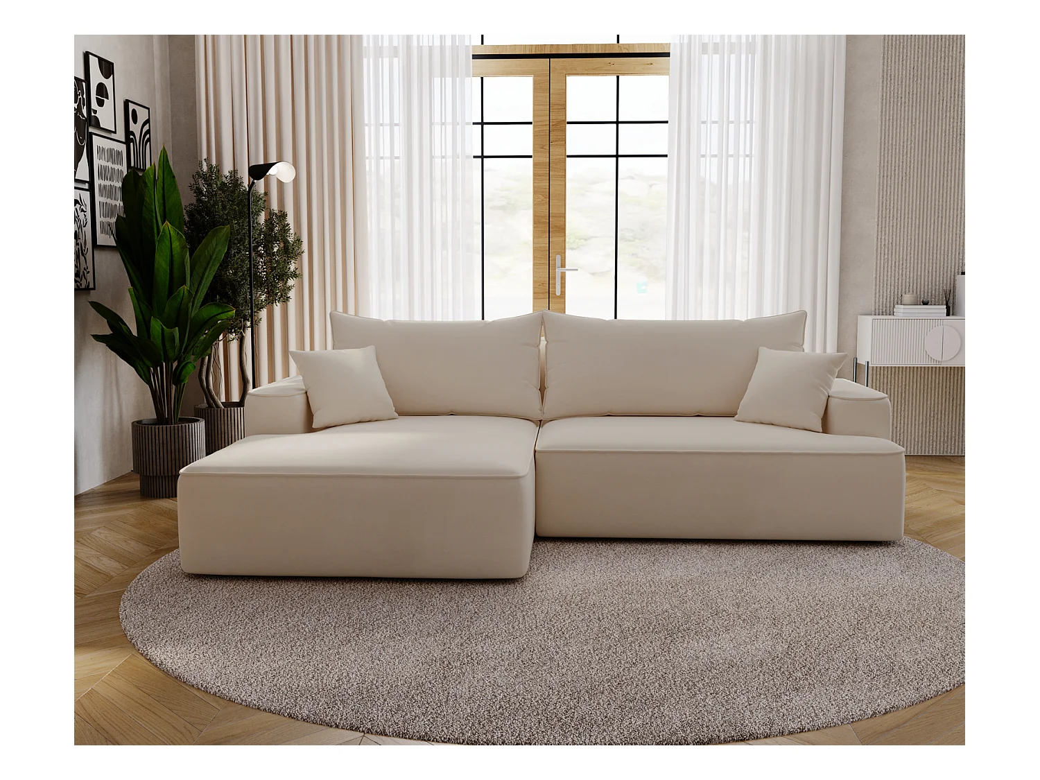 Emporius Dallas Canapé d'angle 270 cm, Convertible, Tissu Velours - Gauche, Beige (Komodo 11)