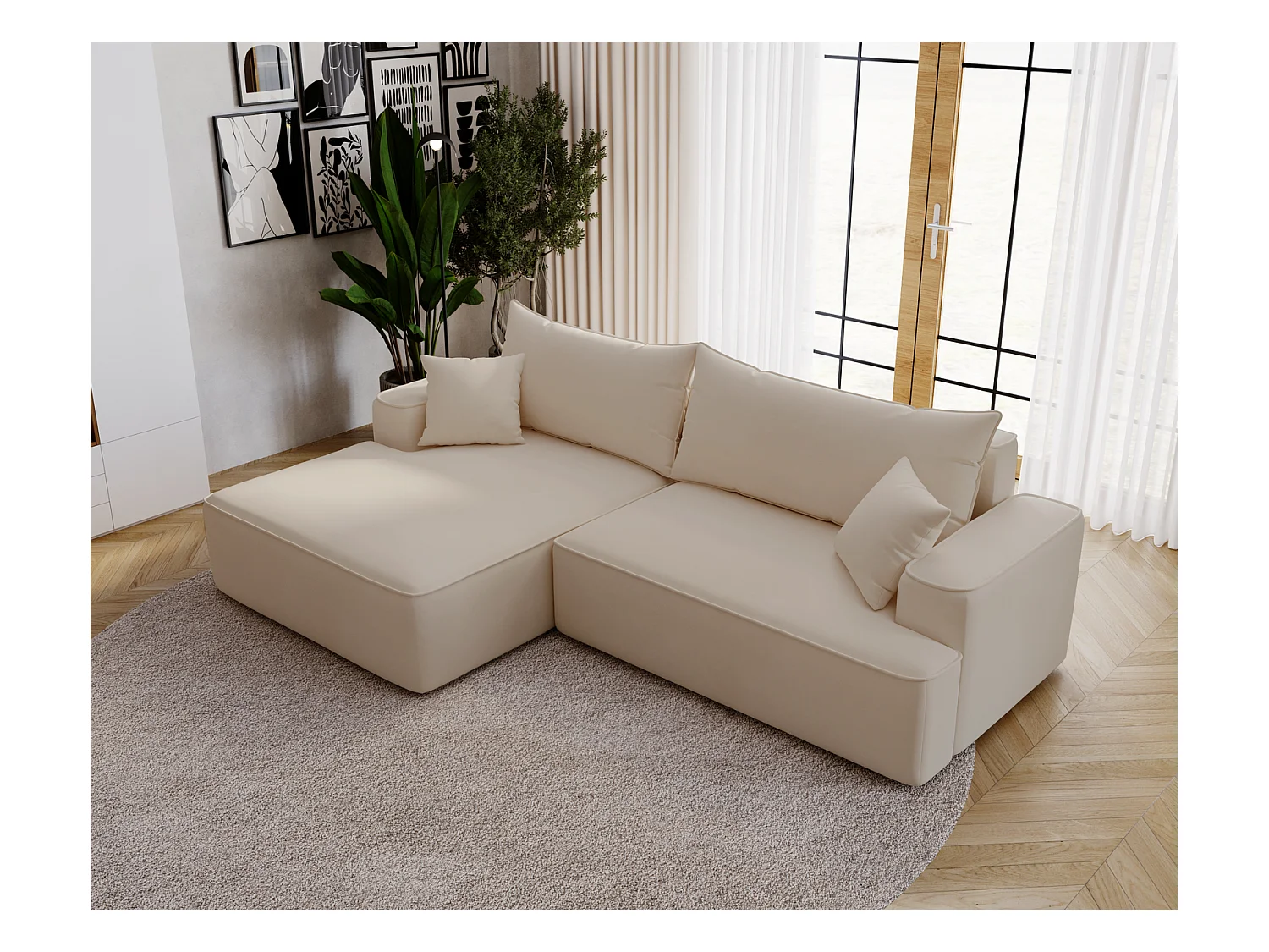 Emporius Dallas Canapé d'angle 270 cm, Convertible, Tissu Velours - Gauche, Beige (Komodo 11)