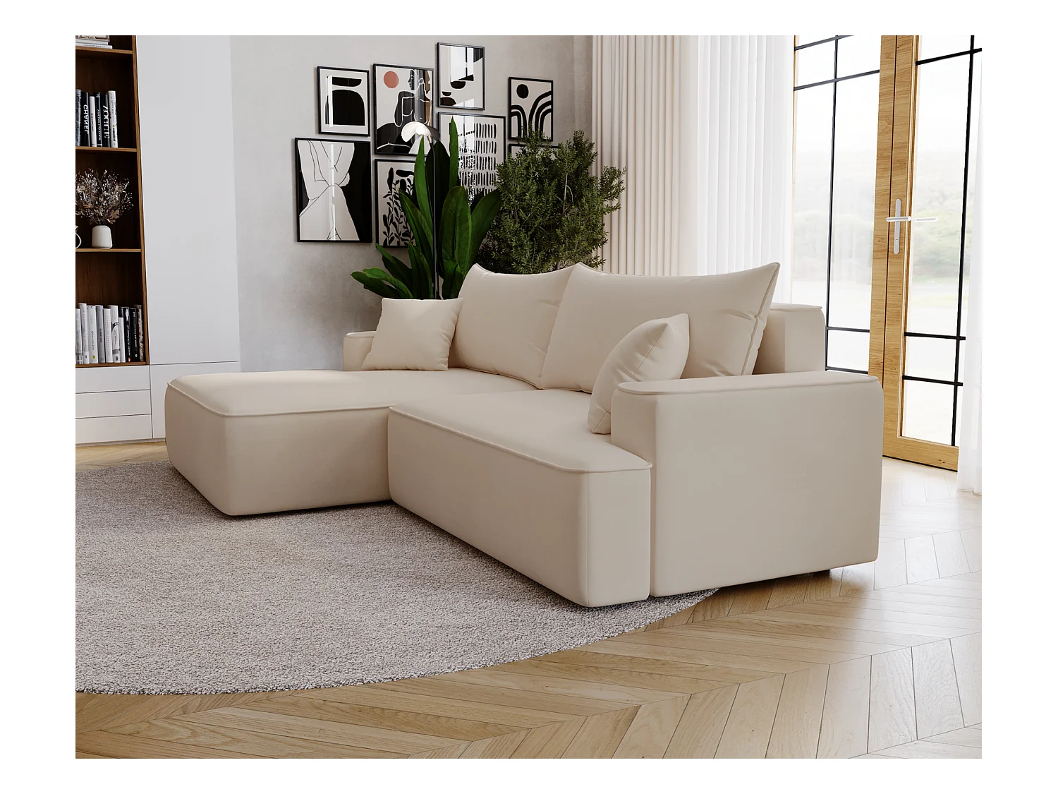 Emporius Dallas Canapé d'angle 270 cm, Convertible, Tissu Velours - Gauche, Beige (Komodo 11)