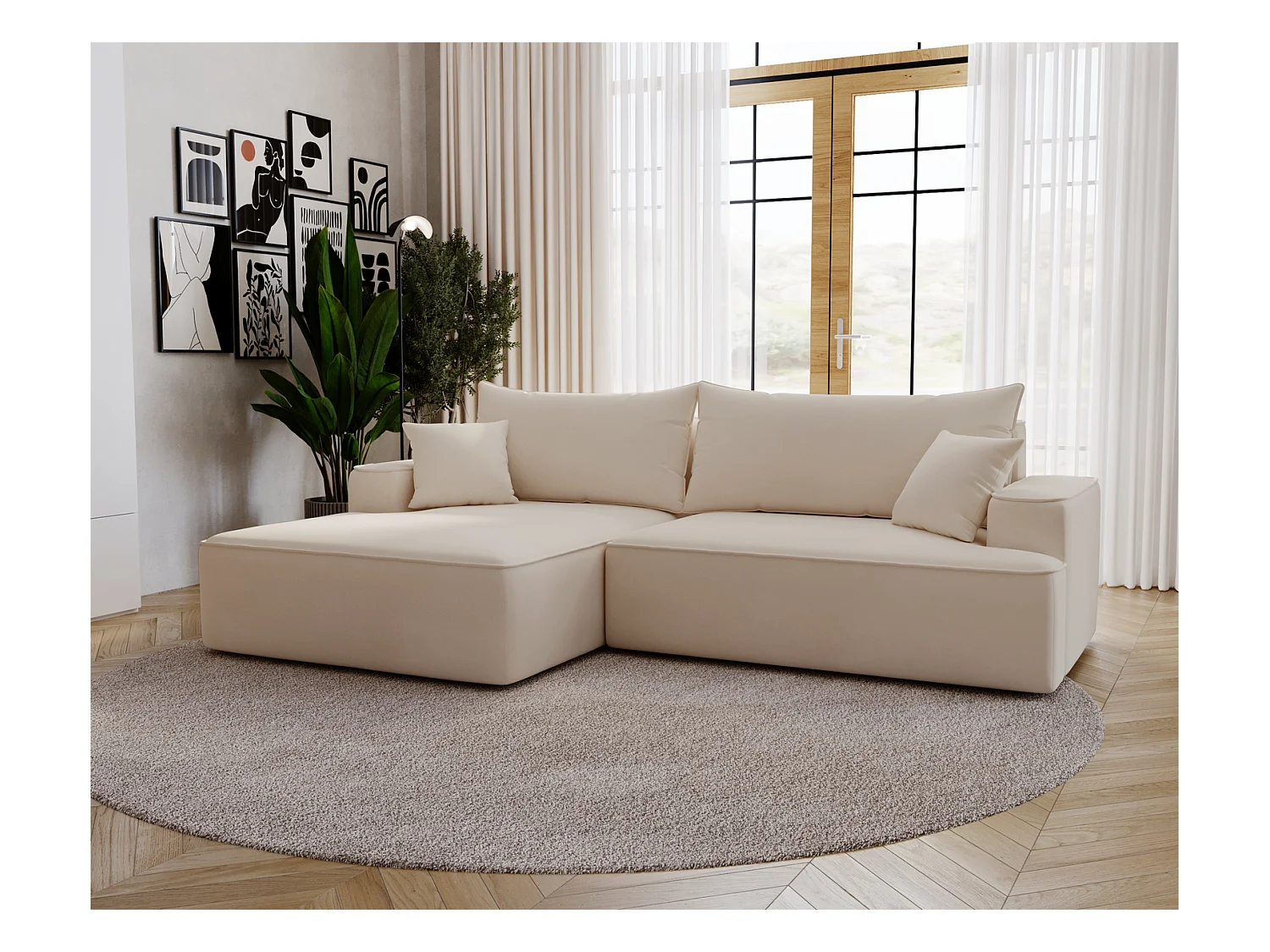 Emporius Dallas Canapé d'angle 270 cm, Convertible, Tissu Velours - Gauche, Beige (Komodo 11)