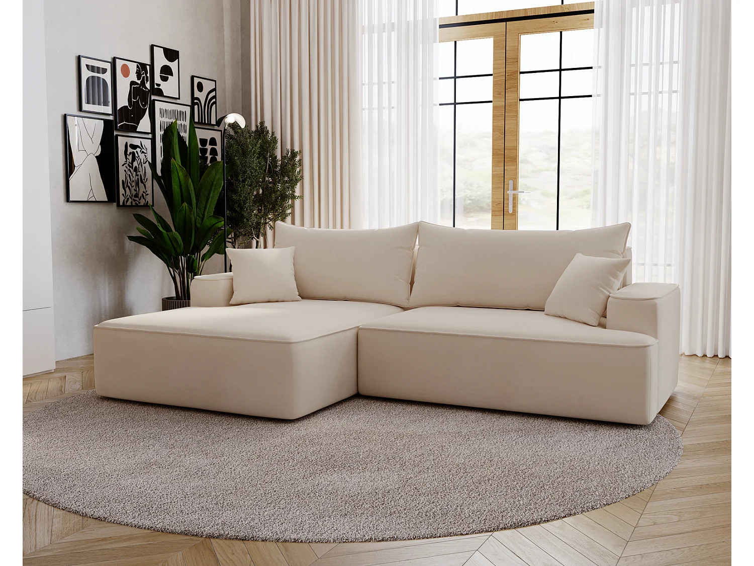 Emporius Dallas Canapé d'angle 270 cm, Convertible, Tissu Velours - Gauche, Beige (Komodo 11)