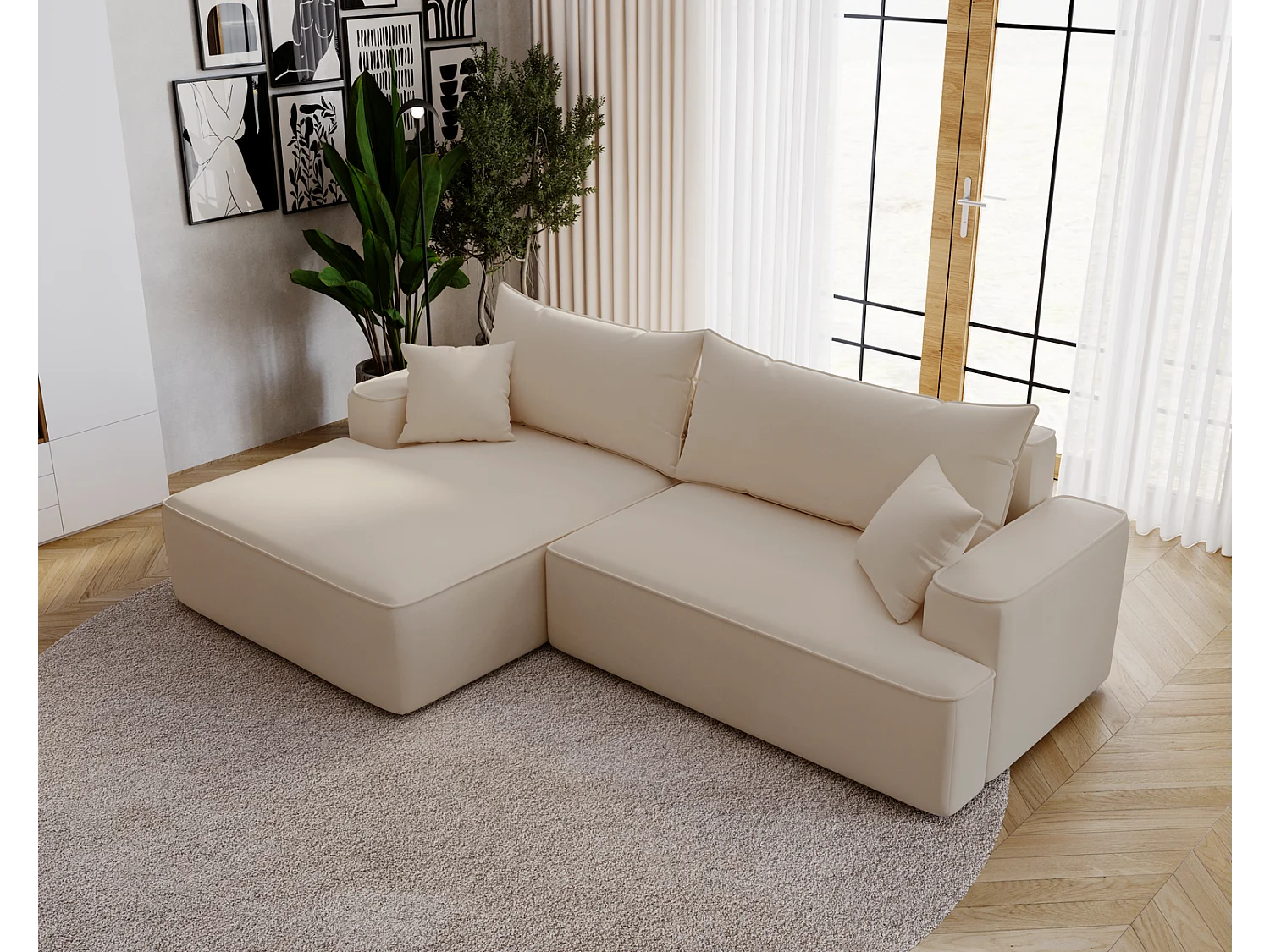 Emporius Dallas Hoekbank L-Vorm - slaapfunctie en bedlade, links - Sofa 250 cm, fluweel beige (Komodo 11)