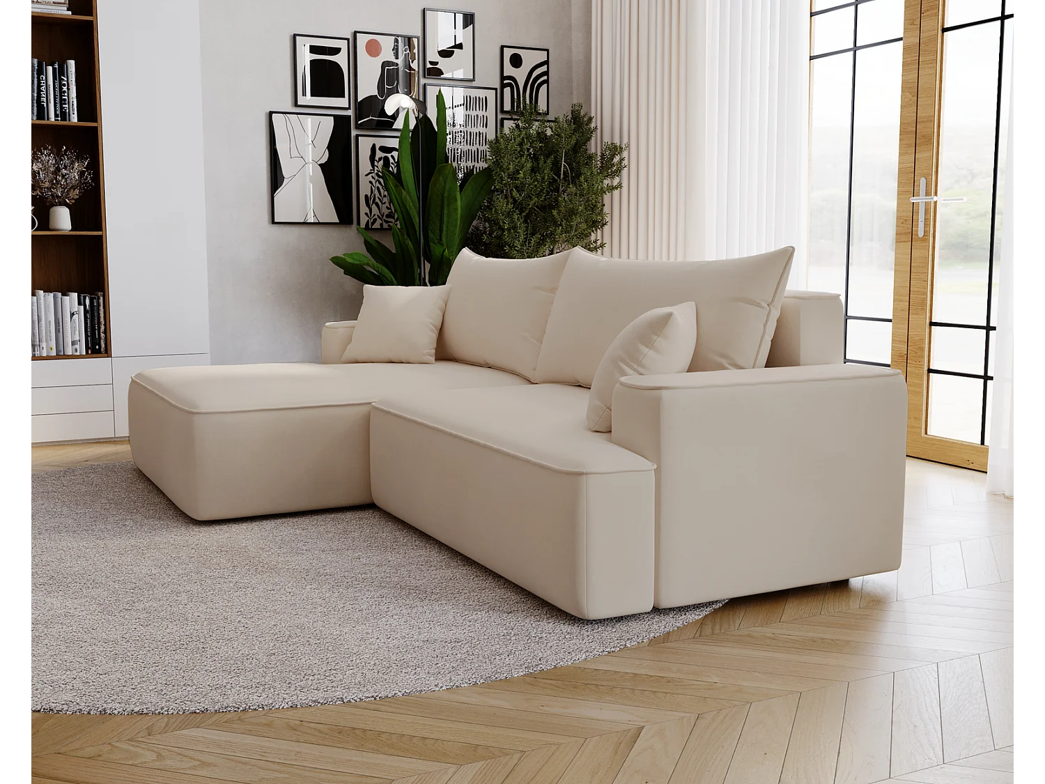 Emporius Dallas Hoekbank L-Vorm - slaapfunctie en bedlade, links - Sofa 250 cm, fluweel beige (Komodo 11)