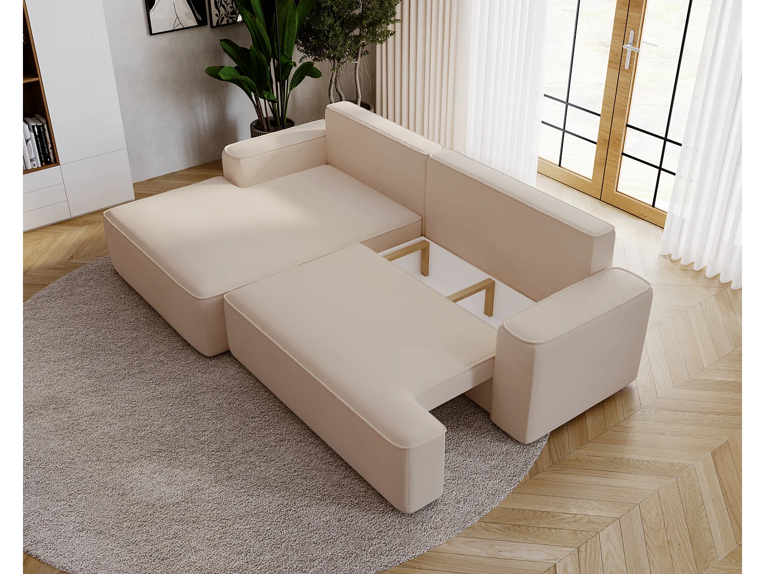 Emporius Dallas Hoekbank L-Vorm - slaapfunctie en bedlade, links - Sofa 250 cm, fluweel beige (Komodo 11)