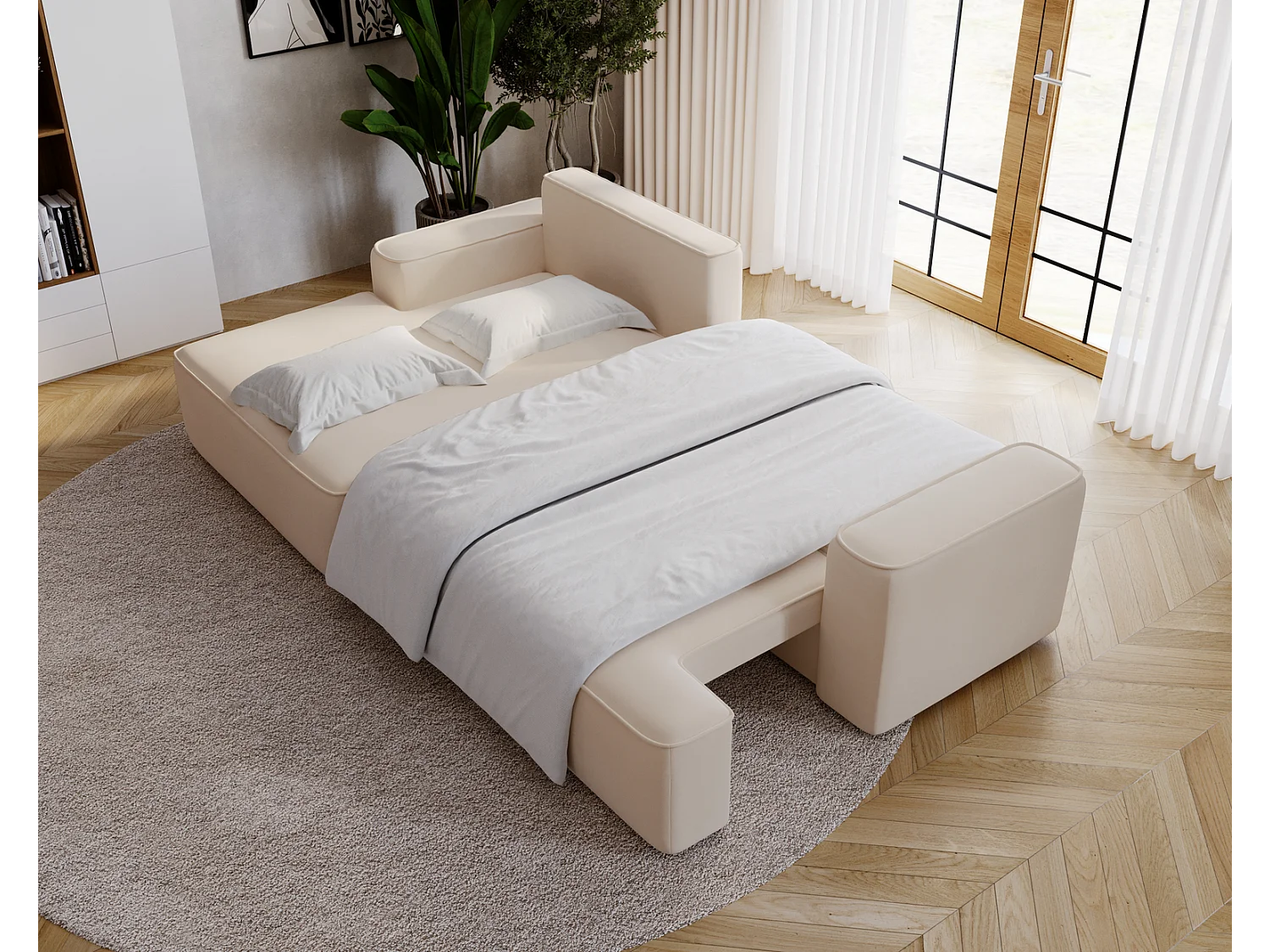Emporius Dallas Hoekbank L-Vorm - slaapfunctie en bedlade, links - Sofa 250 cm, fluweel beige (Komodo 11)