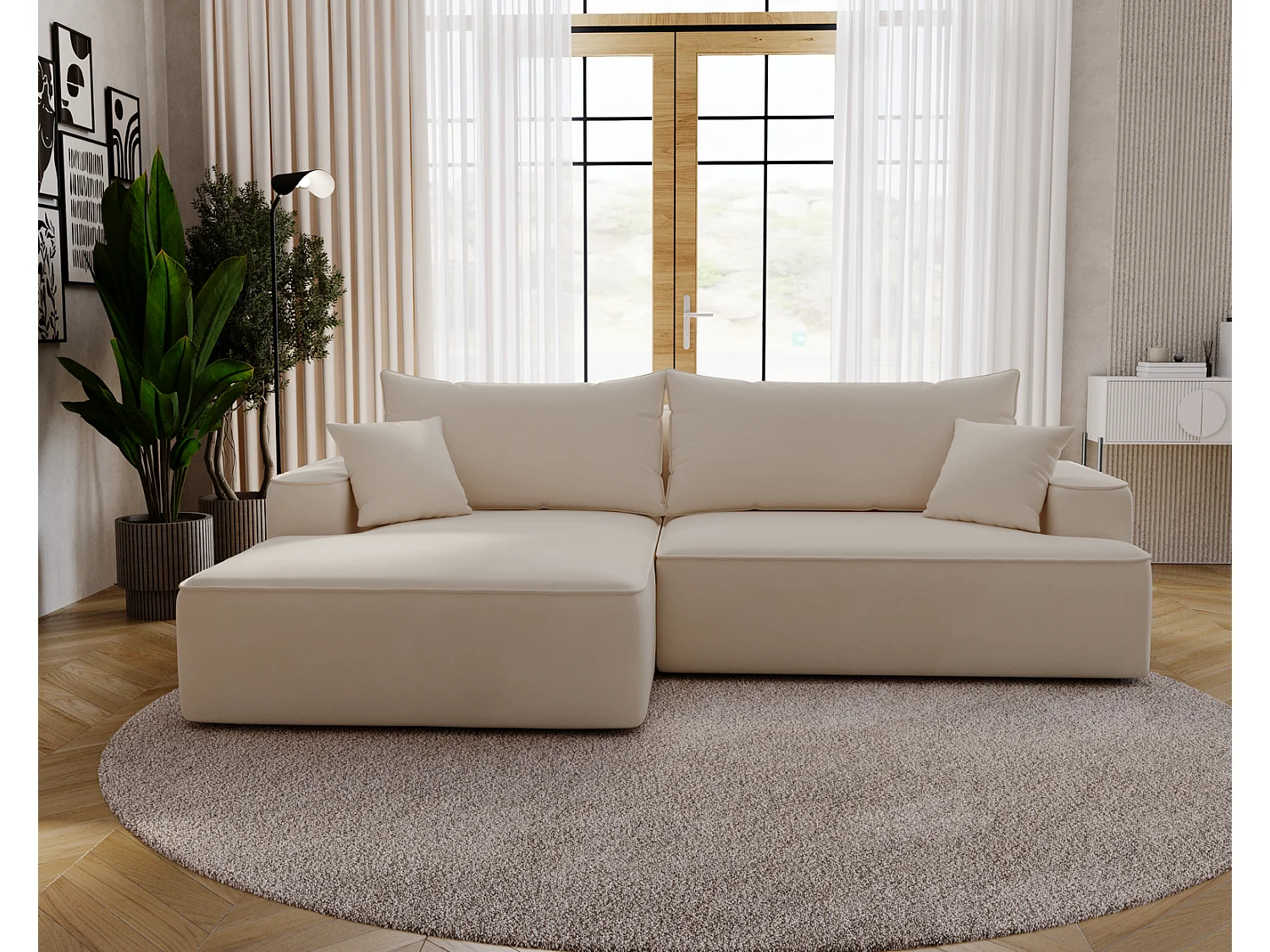 Canapé d'angle convertible Dallas, 270 cm, velours, gauche, beige