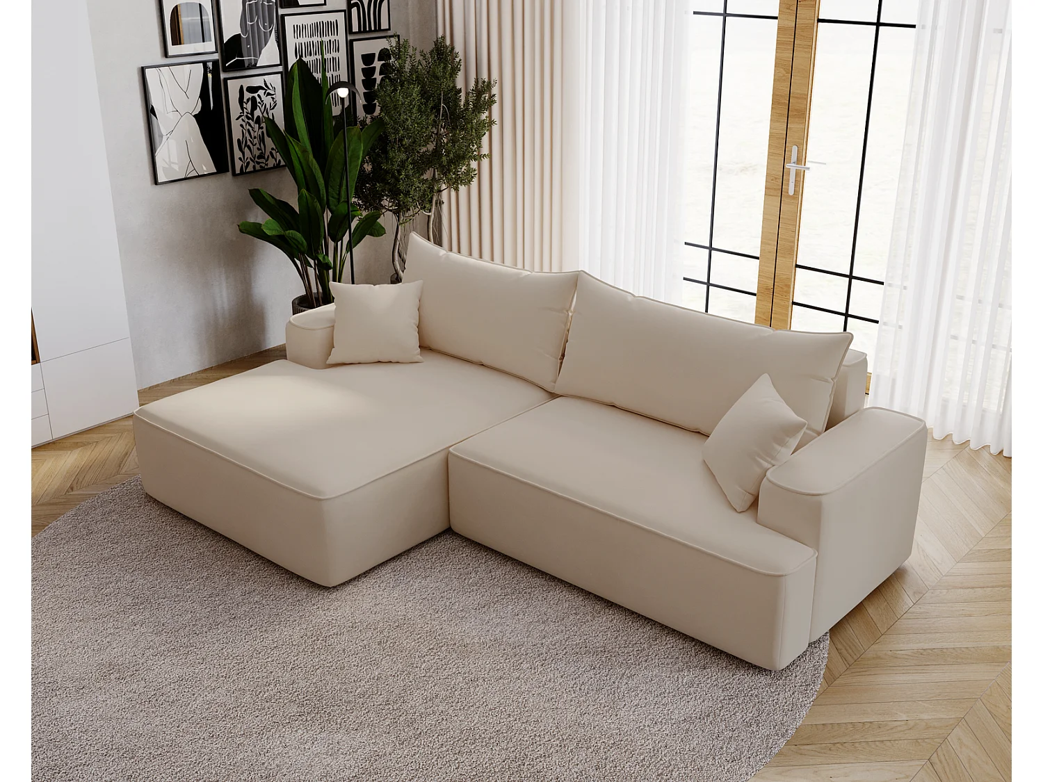 Canapé d'angle convertible Dallas, 270 cm, velours, gauche, beige