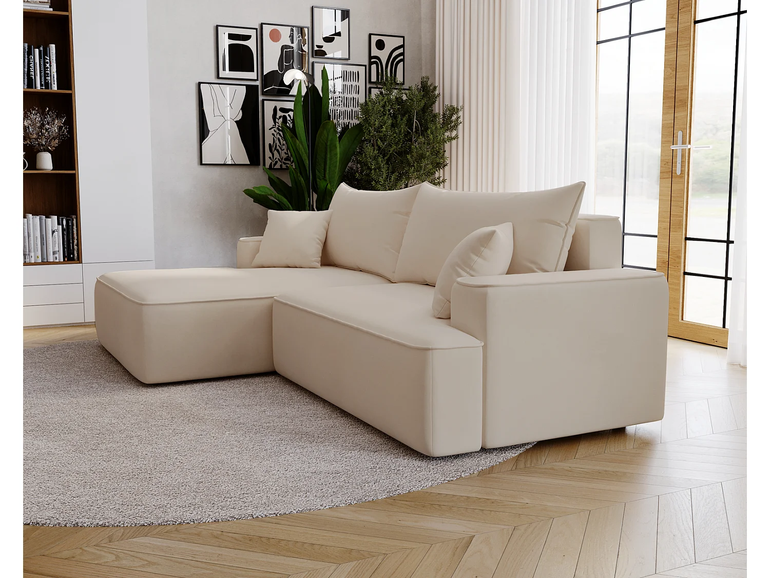 Canapé d'angle convertible Dallas, 270 cm, velours, gauche, beige