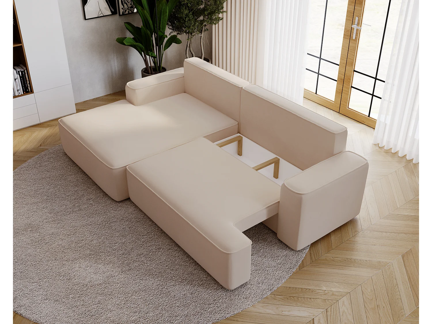Canapé d'angle convertible Dallas, 270 cm, velours, gauche, beige