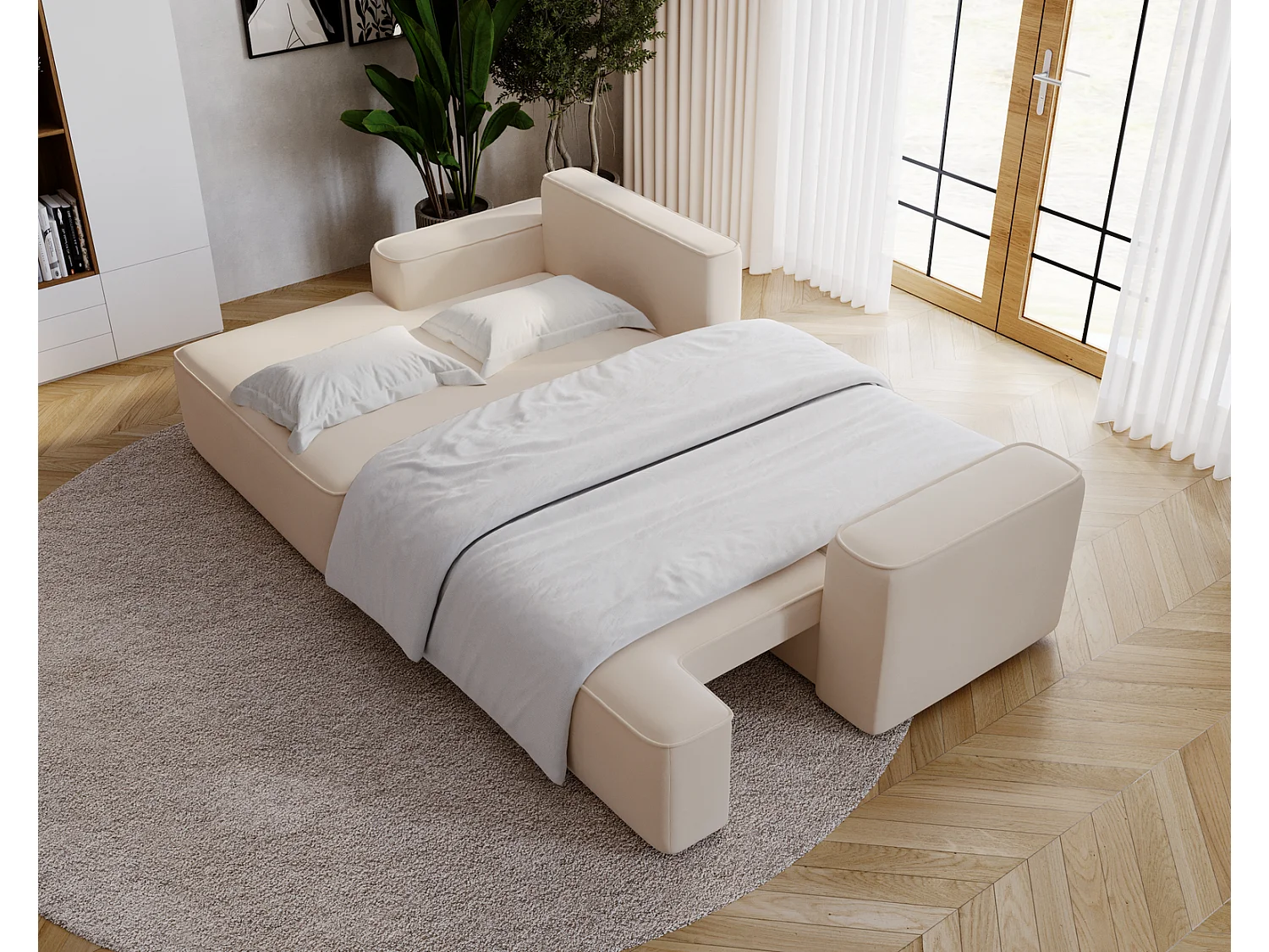 Canapé d'angle convertible Dallas, 270 cm, velours, gauche, beige