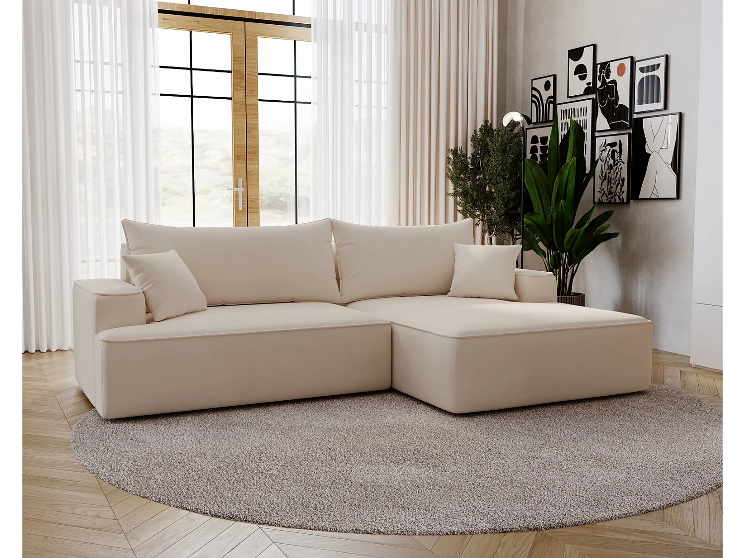 Emporius Dallas Hoekbank L-Vorm - slaapfunctie en bedlade, rechts - Sofa 250 cm, fluweel beige (Komodo 11)