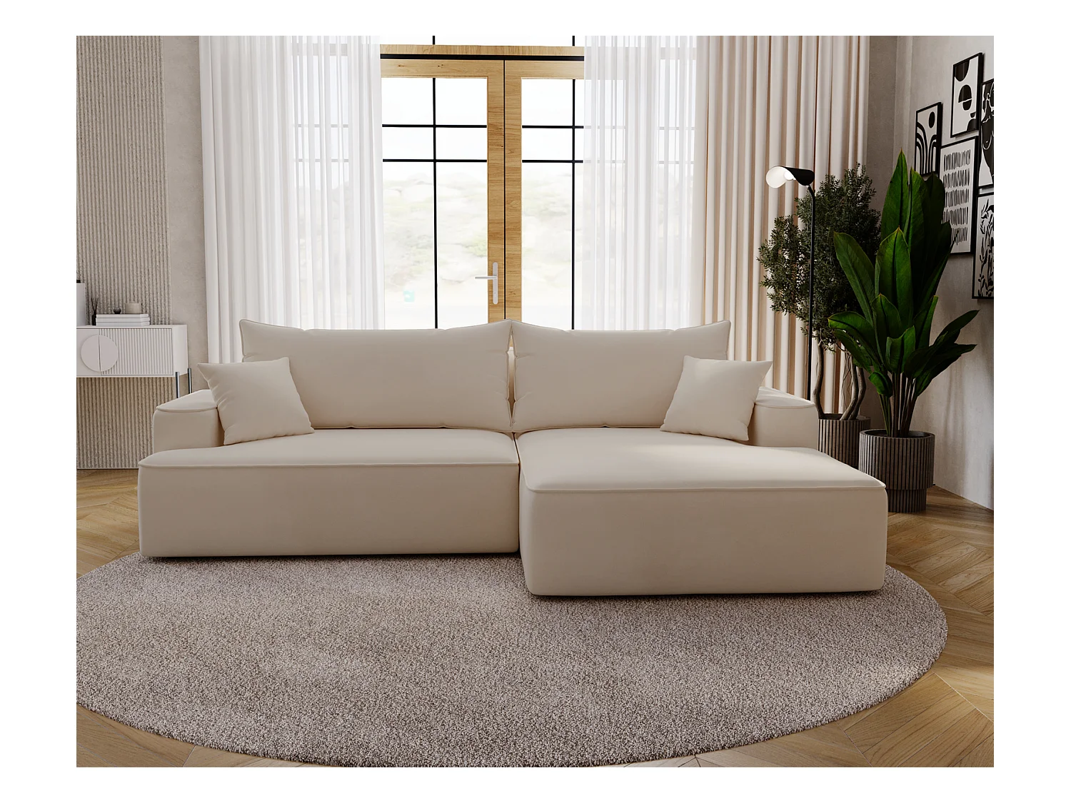 Emporius Dallas Hoekbank L-Vorm - slaapfunctie en bedlade, rechts - Sofa 250 cm, fluweel beige (Komodo 11)