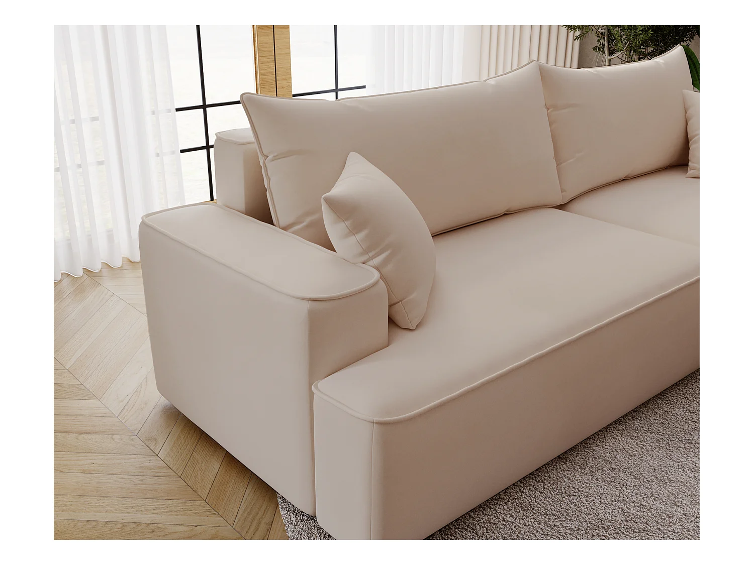 Emporius Dallas Hoekbank L-Vorm - slaapfunctie en bedlade, rechts - Sofa 250 cm, fluweel beige (Komodo 11)