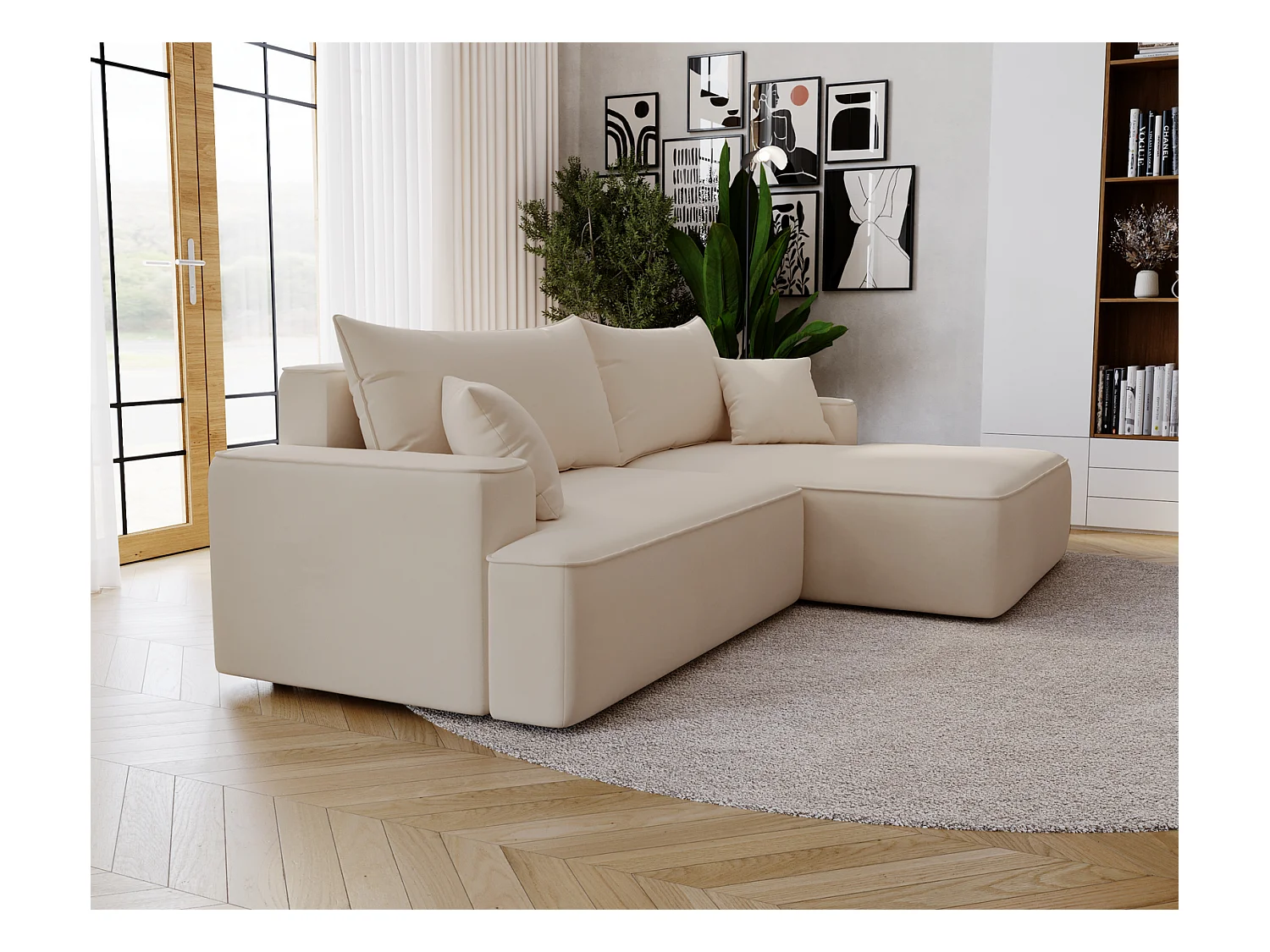Emporius Dallas Hoekbank L-Vorm - slaapfunctie en bedlade, rechts - Sofa 250 cm, fluweel beige (Komodo 11)