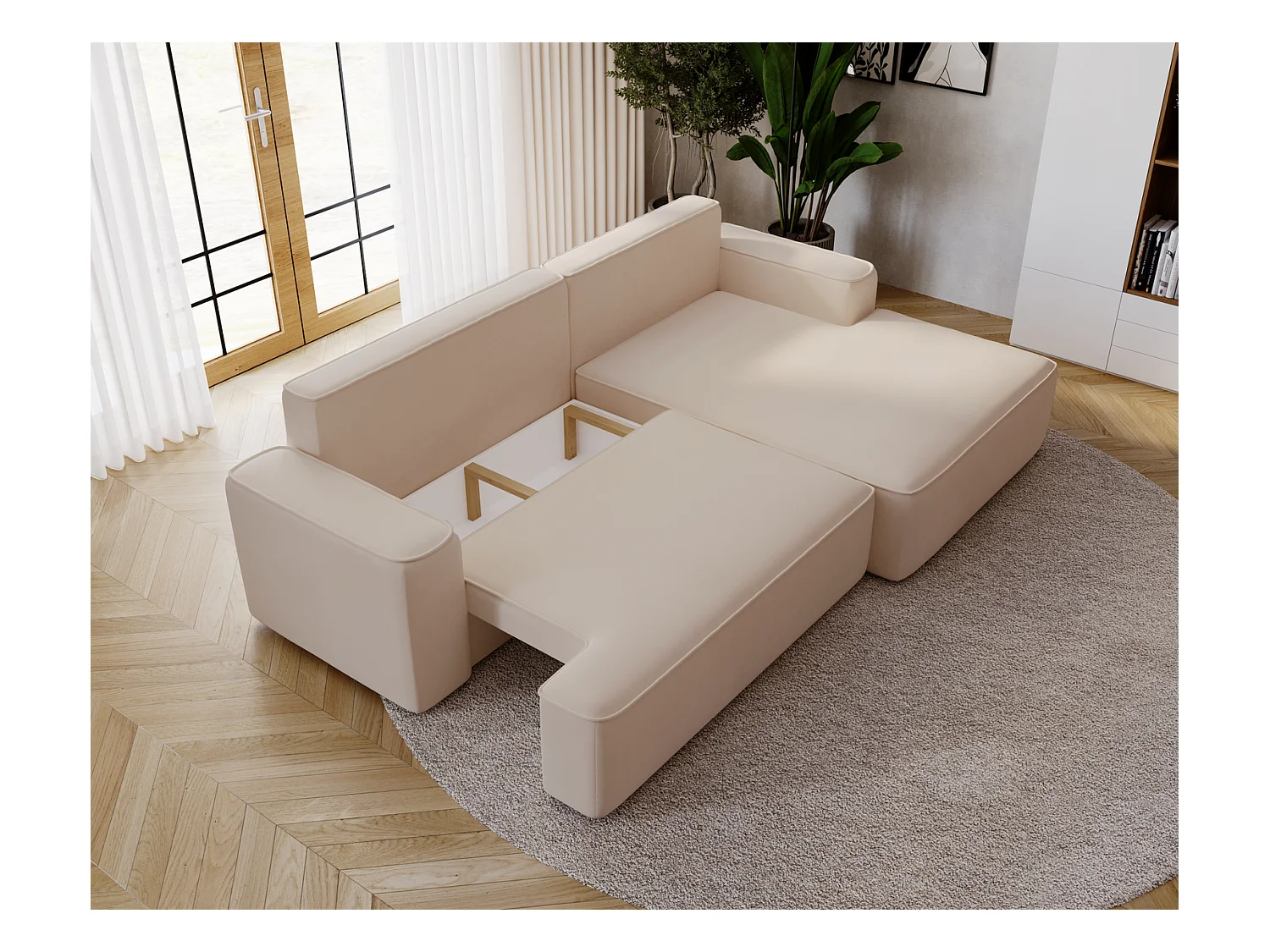 Emporius Dallas Hoekbank L-Vorm - slaapfunctie en bedlade, rechts - Sofa 250 cm, fluweel beige (Komodo 11)