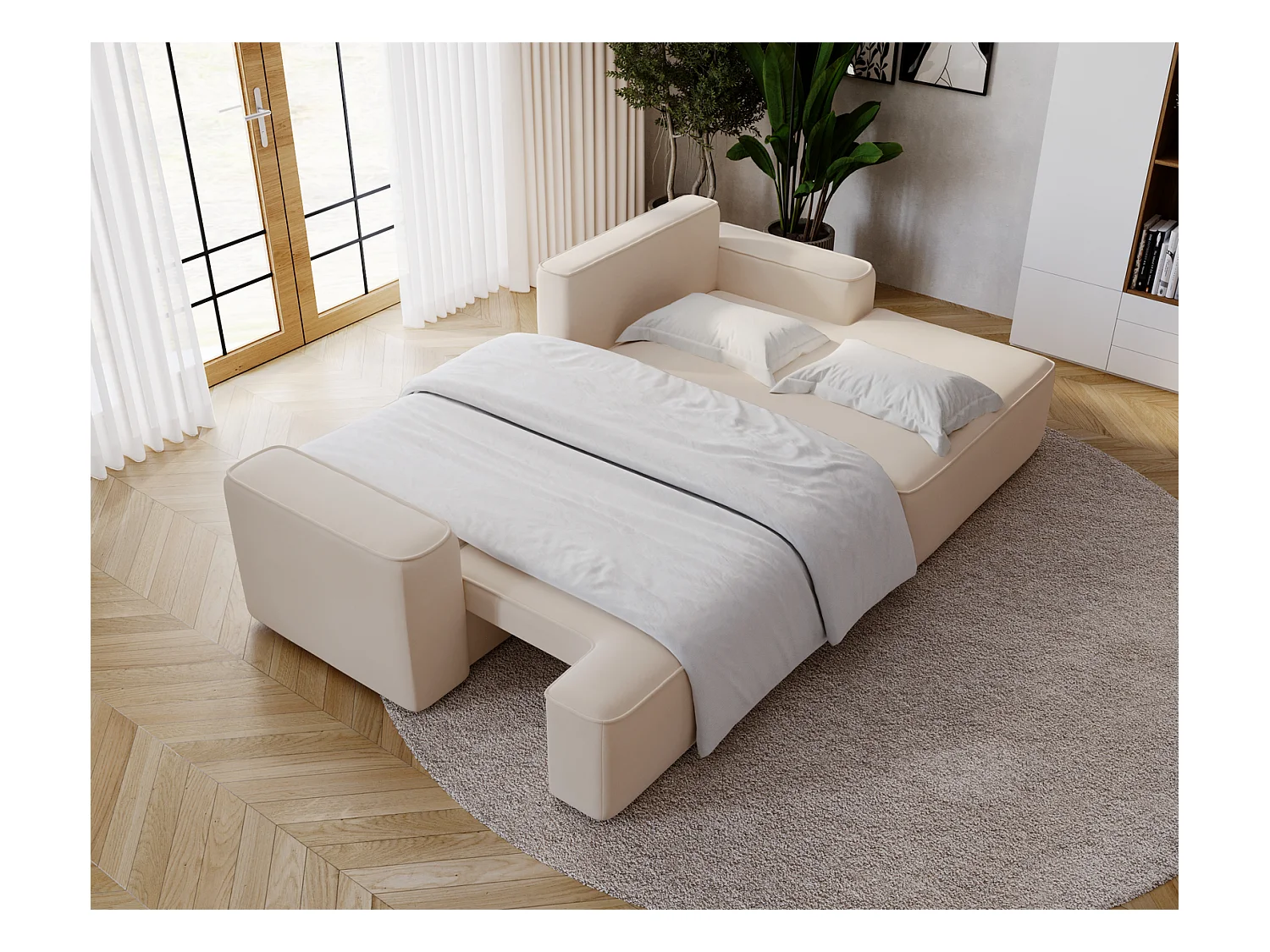 Emporius Dallas Hoekbank L-Vorm - slaapfunctie en bedlade, rechts - Sofa 250 cm, fluweel beige (Komodo 11)