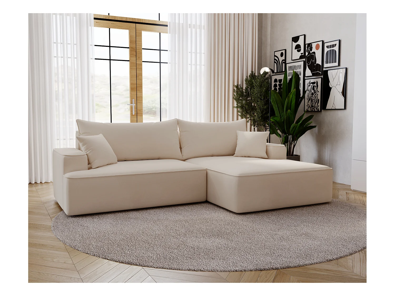 Emporius Dallas Canapé d'angle 270 cm, Convertible, Tissu Velours - Droite, Beige (Komodo 11)