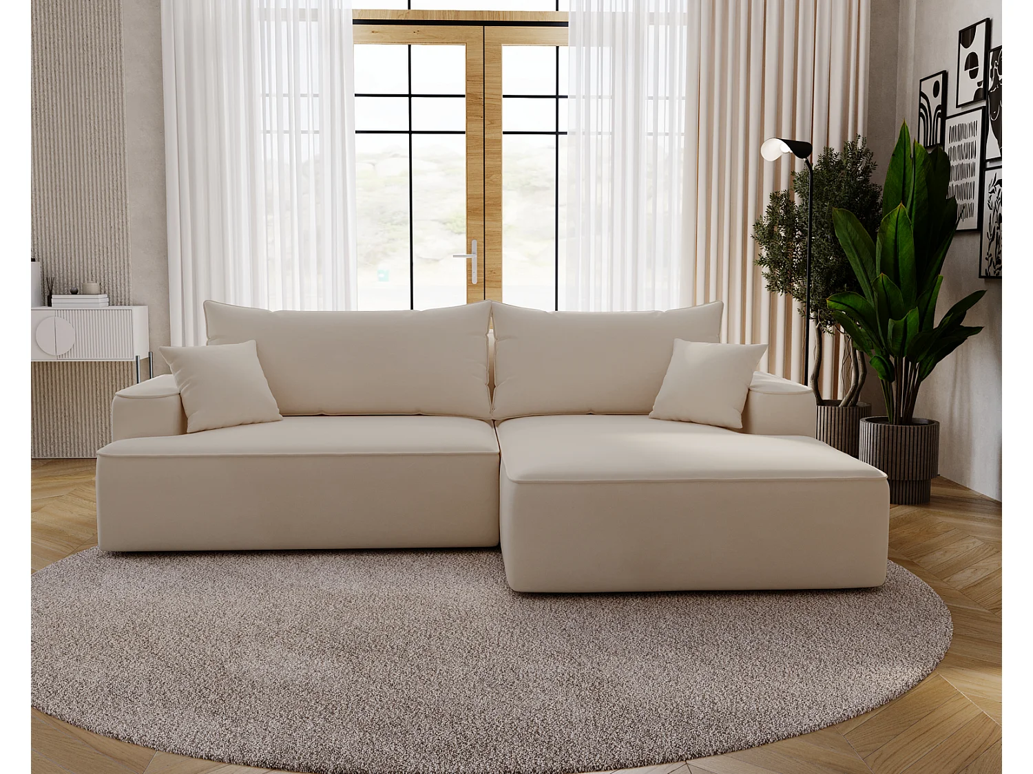 Emporius Dallas Canapé d'angle 270 cm, Convertible, Tissu Velours - Droite, Beige (Komodo 11)