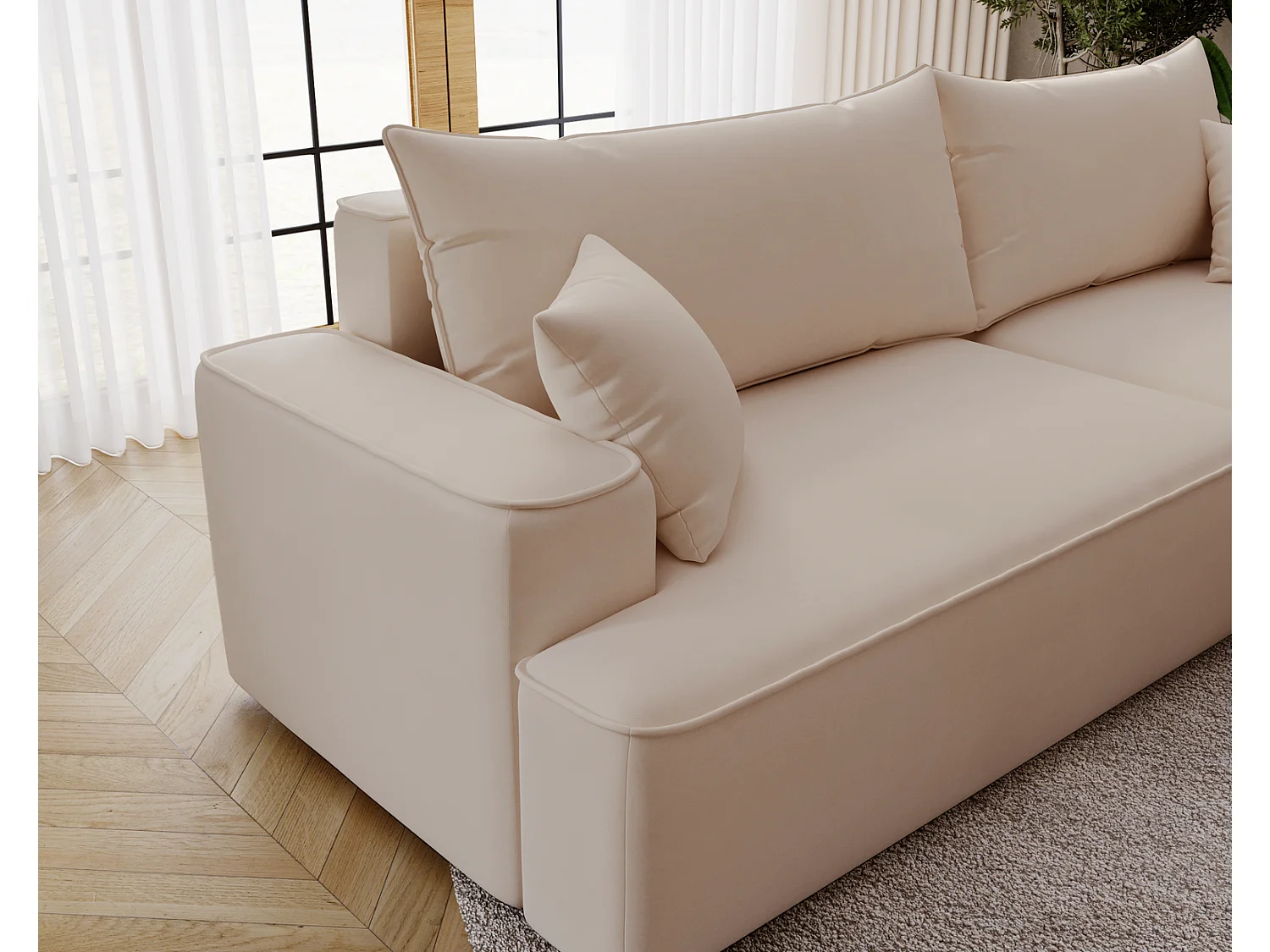 Emporius Dallas Canapé d'angle 270 cm, Convertible, Tissu Velours - Droite, Beige (Komodo 11)
