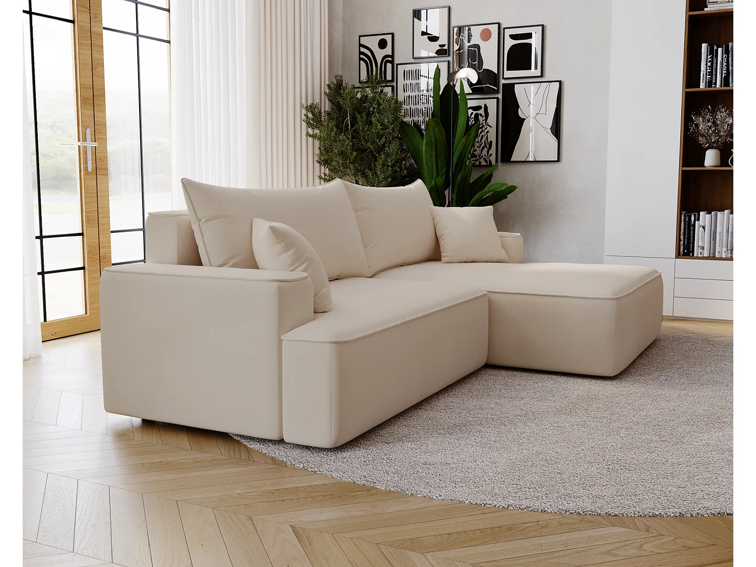 Emporius Dallas Canapé d'angle 270 cm, Convertible, Tissu Velours - Droite, Beige (Komodo 11)