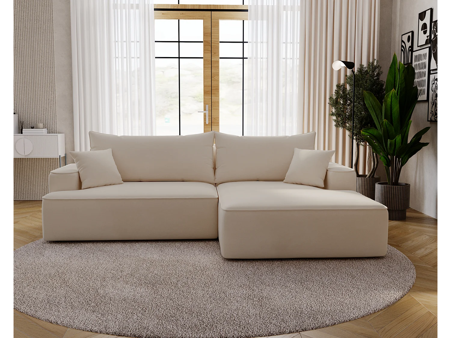 Emporius Dallas Hoekbank L-Vorm - slaapfunctie en bedlade, rechts - Sofa 250 cm, fluweel beige (Komodo 11)