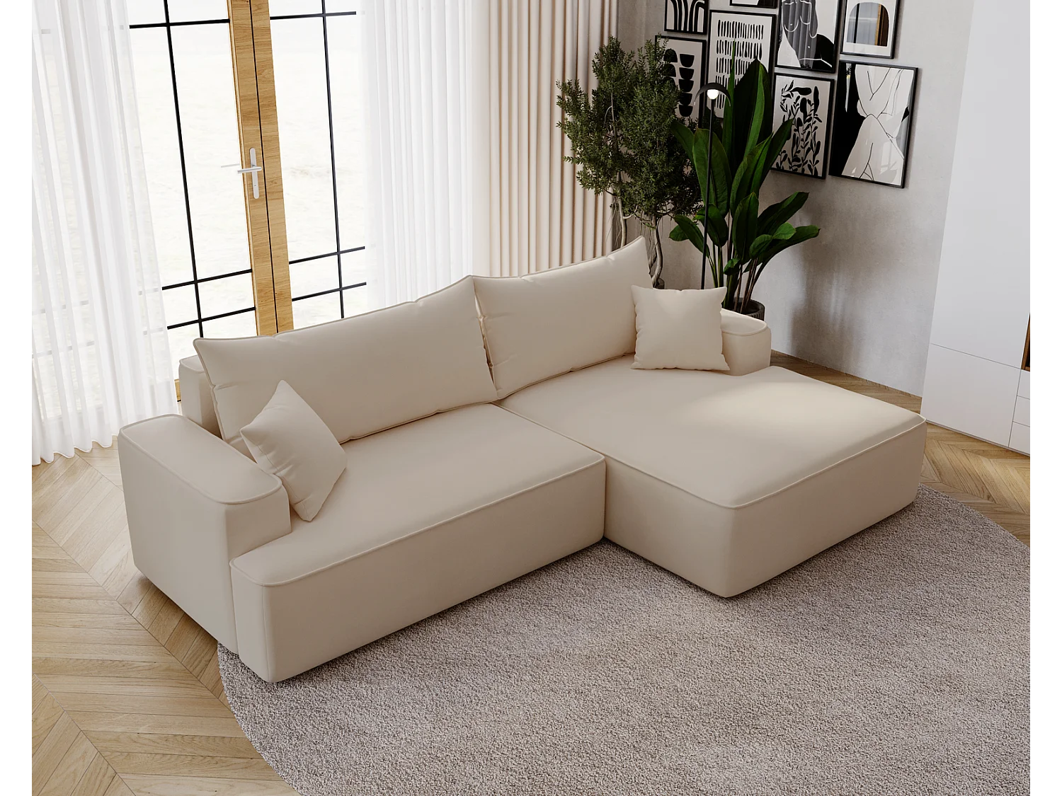 Emporius Dallas Hoekbank L-Vorm - slaapfunctie en bedlade, rechts - Sofa 250 cm, fluweel beige (Komodo 11)