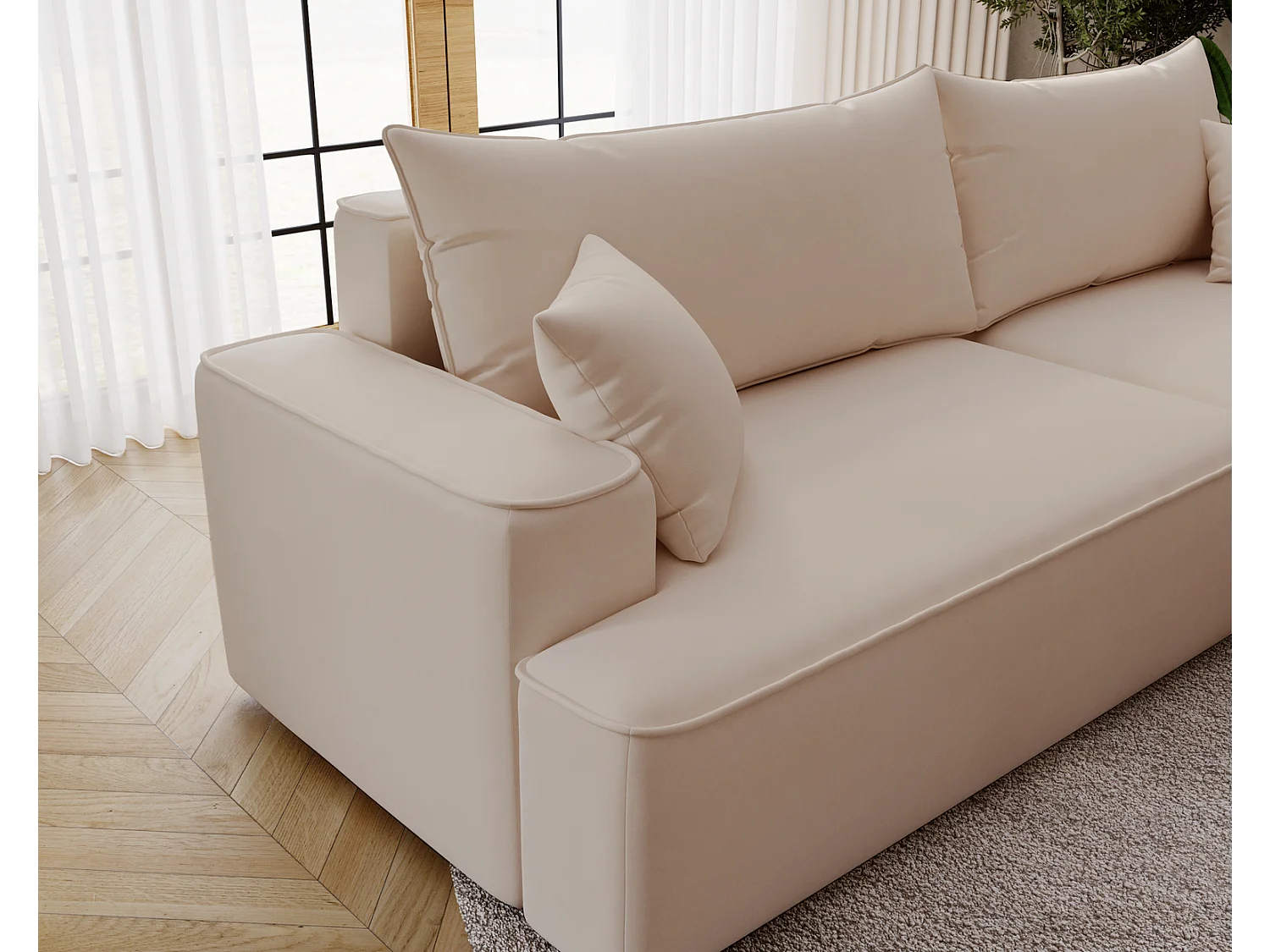 Emporius Dallas Hoekbank L-Vorm - slaapfunctie en bedlade, rechts - Sofa 250 cm, fluweel beige (Komodo 11)