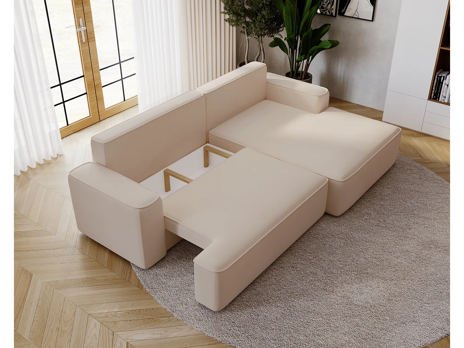 Emporius Dallas Hoekbank L-Vorm - slaapfunctie en bedlade, rechts - Sofa 250 cm, fluweel beige (Komodo 11)