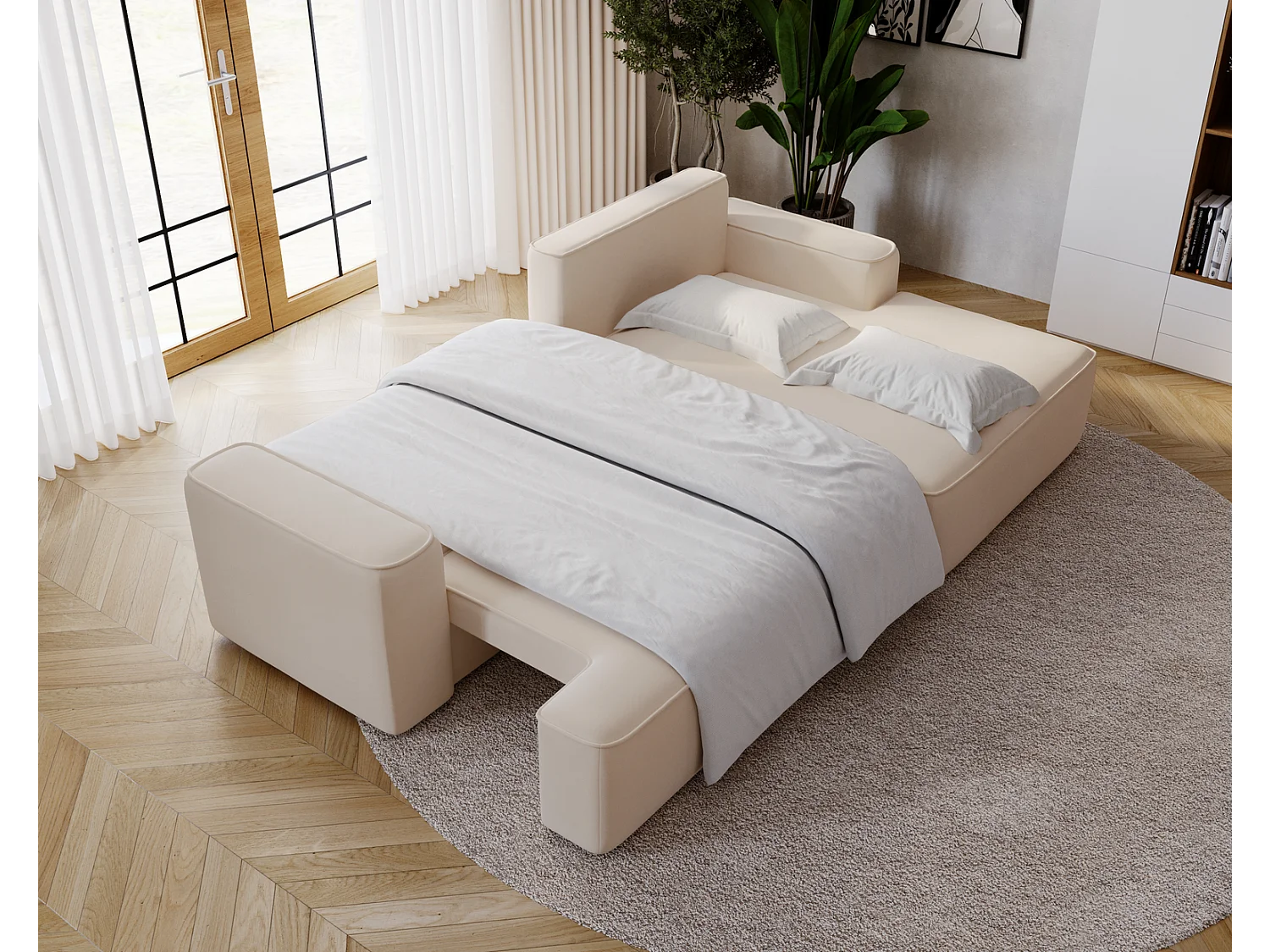 Emporius Dallas Hoekbank L-Vorm - slaapfunctie en bedlade, rechts - Sofa 250 cm, fluweel beige (Komodo 11)