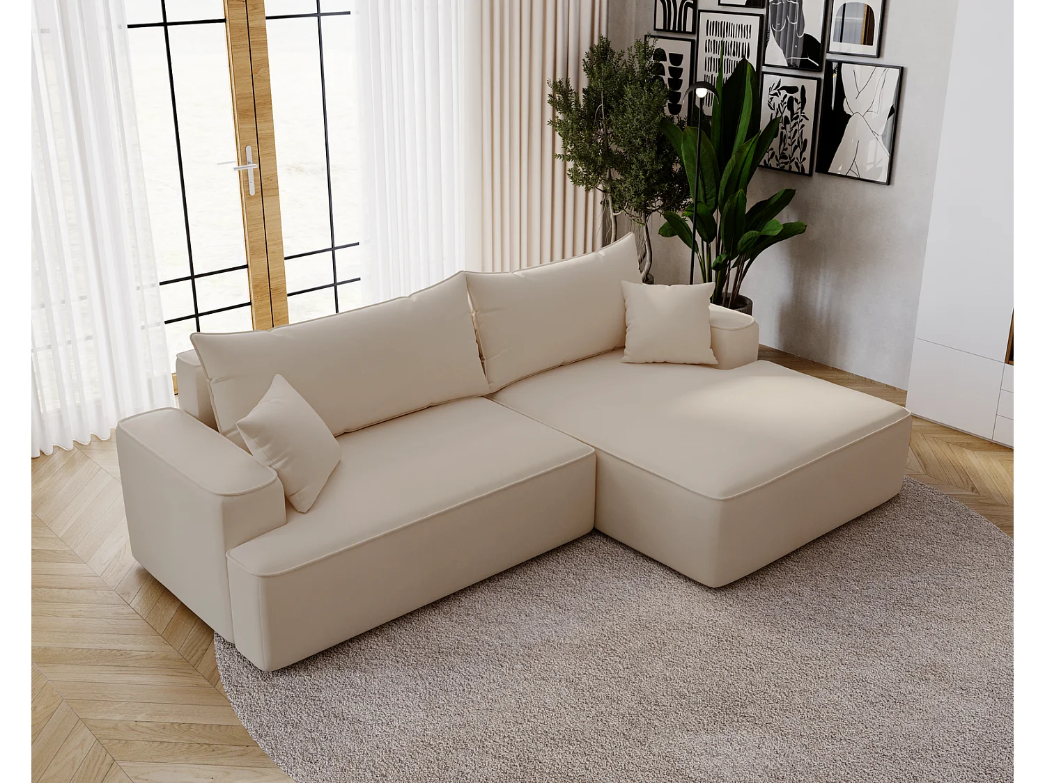 Canapé d'angle convertible Dallas, 270 cm, velours, droit, beige